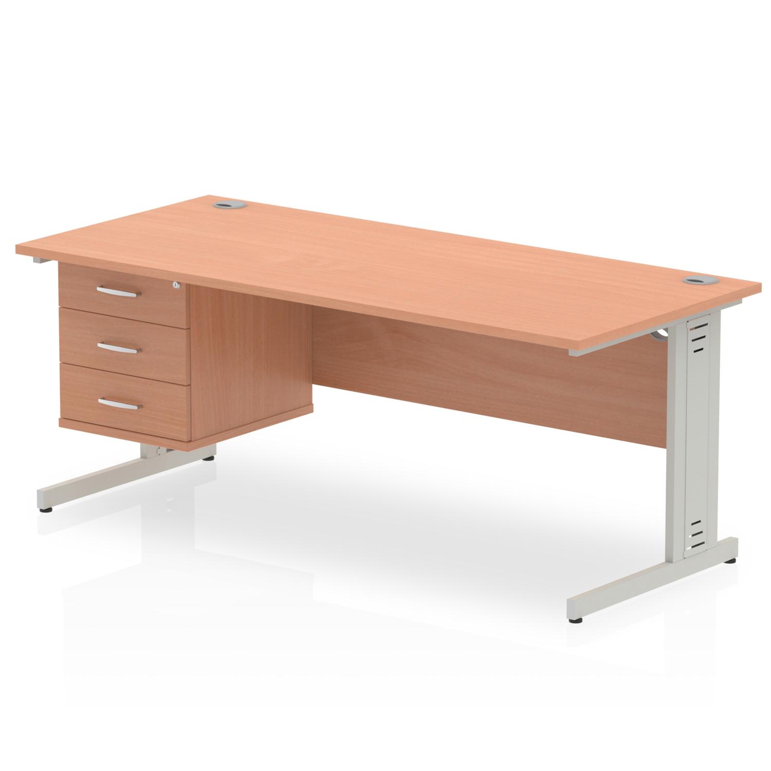 Impulse 1800 x 800mm Straight Office Desk Beech Top Silver Cable Managed Leg Workstation 1 x 3 Drawer Fixed Pedestal