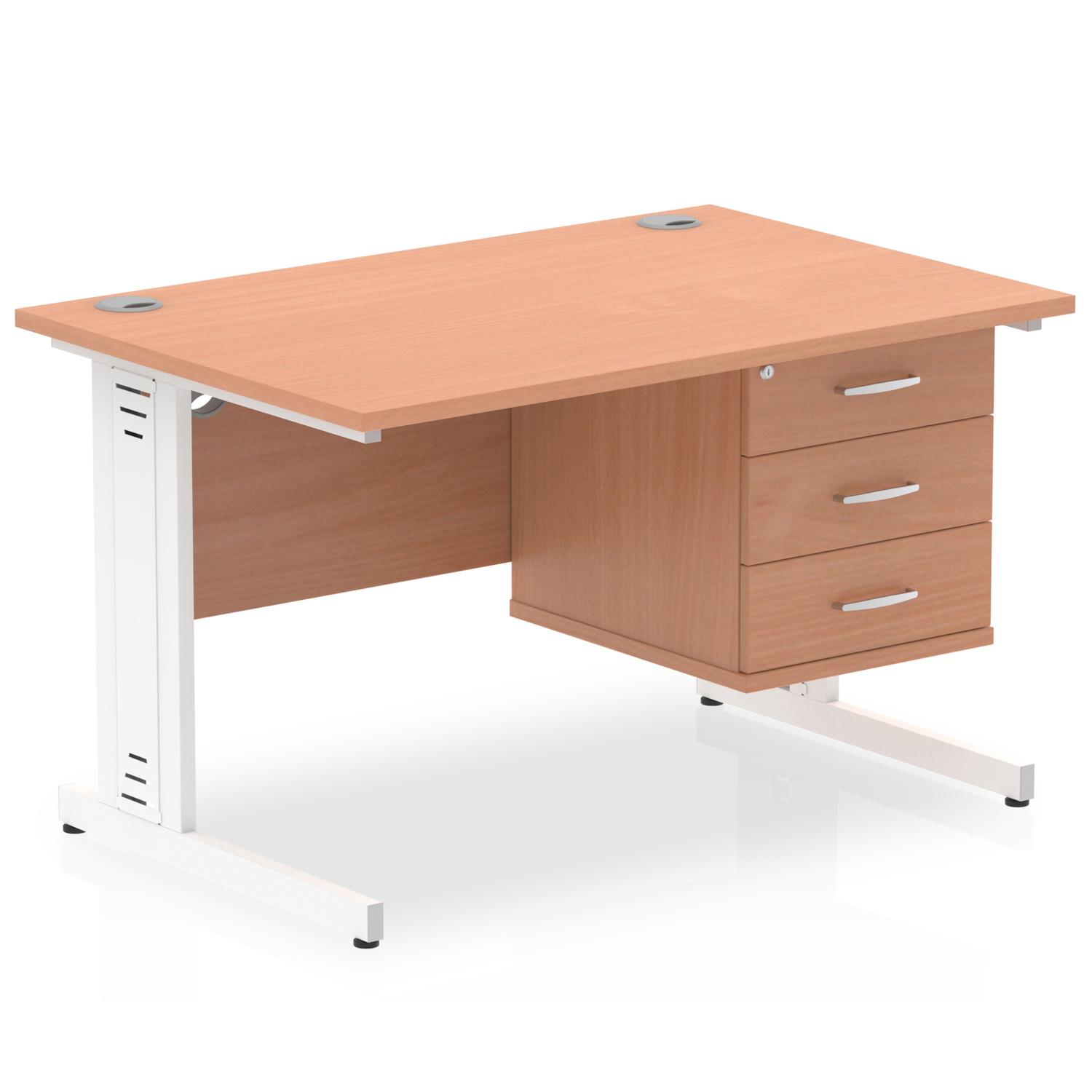 Impulse 1200 x 800mm Straight Office Desk Beech Top White Cable Managed Leg Workstation 1 x 3 Drawer Fixed Pedestal