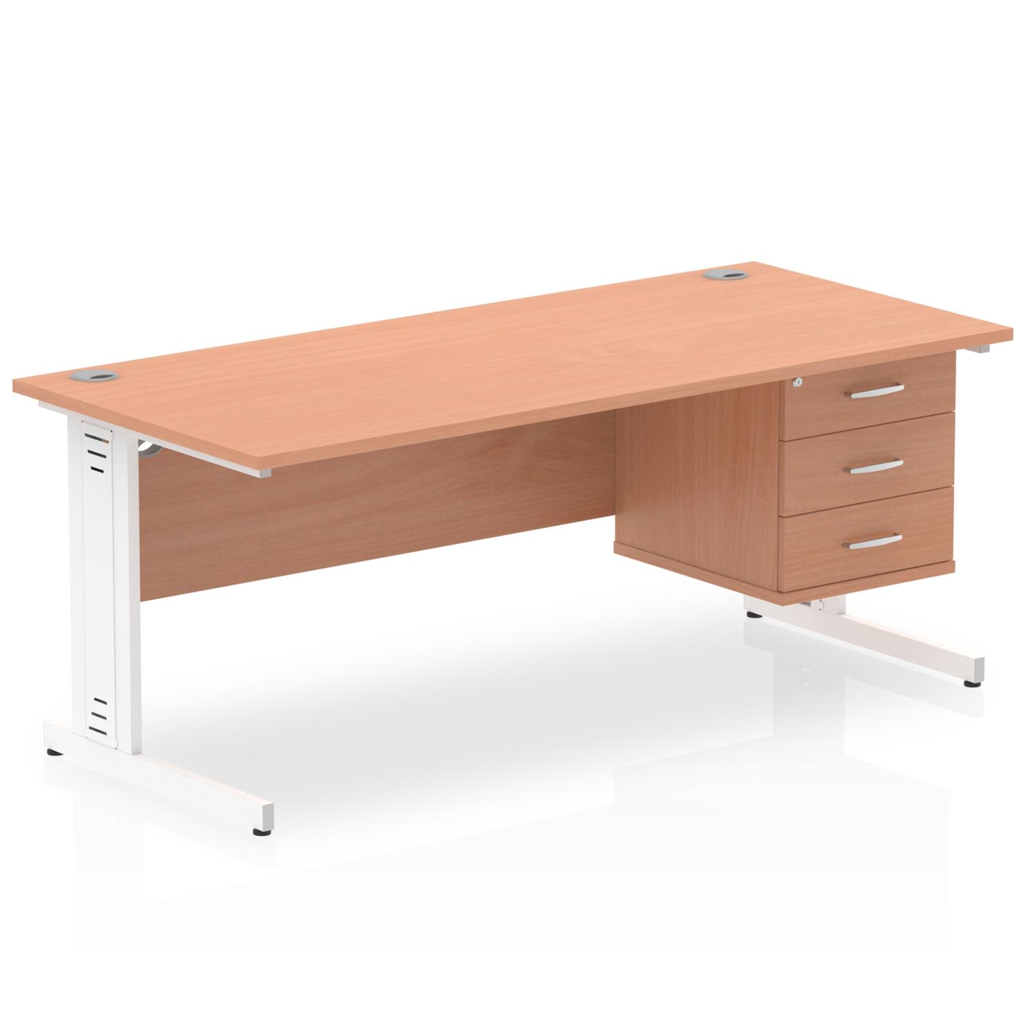 Impulse 1800 x 800mm Straight Office Desk Beech Top White Cable Managed Leg Workstation 1 x 3 Drawer Fixed Pedestal