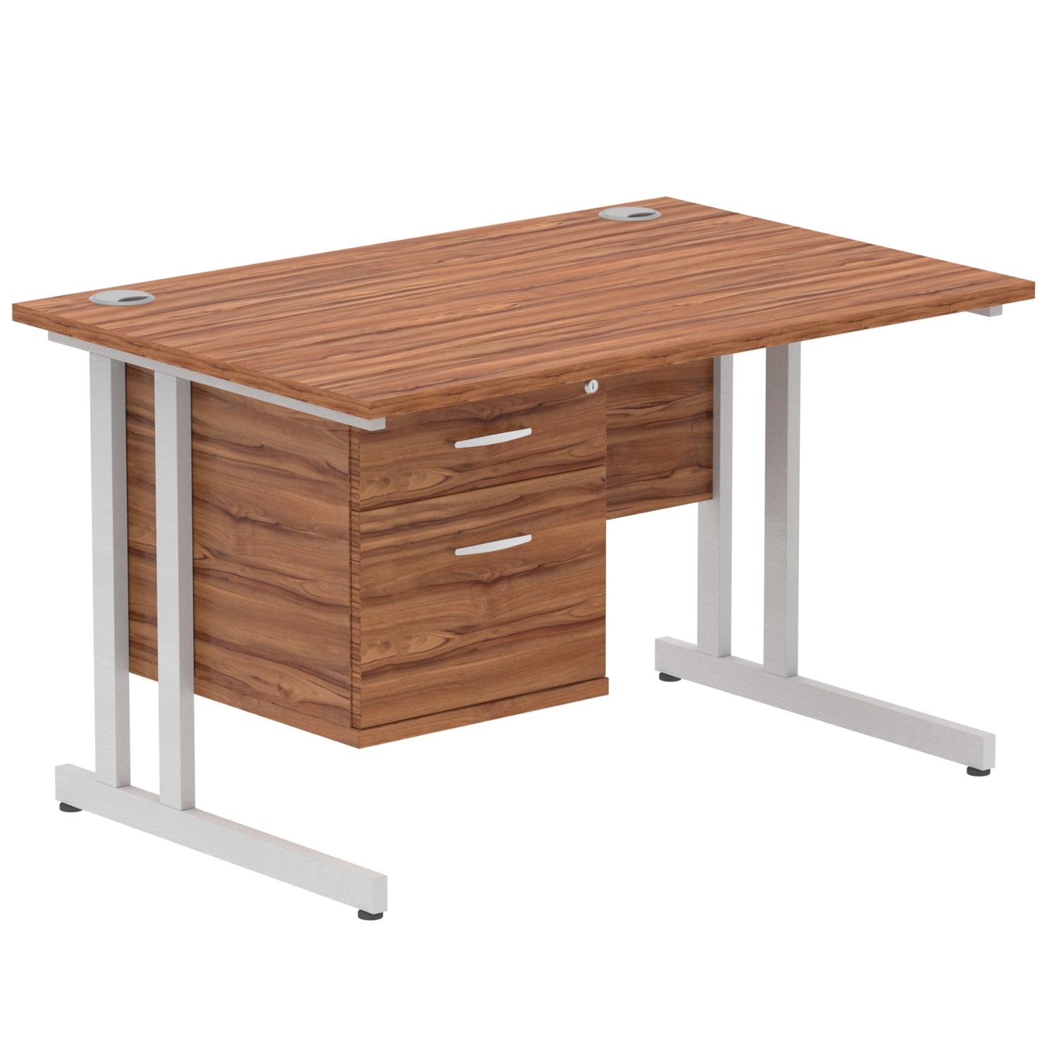 Impulse 1200 x 800mm Straight Office Desk Walnut Top Silver Cantilever Leg Workstation 1 x 2 Drawer Fixed Pedestal