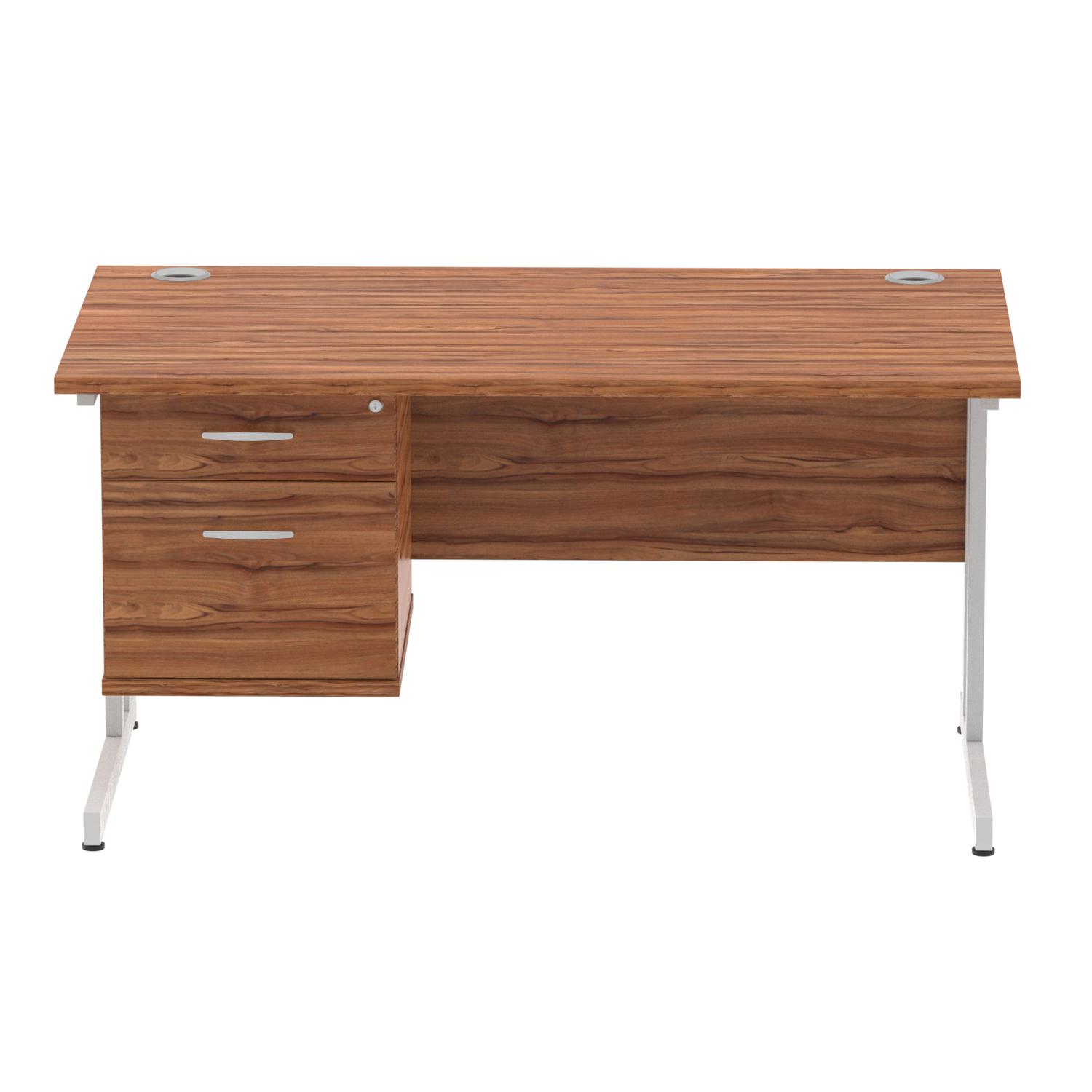 Impulse 1400 x 800mm Straight Office Desk Walnut Top Silver Cantilever Leg Workstation 1 x 2 Drawer Fixed Pedestal