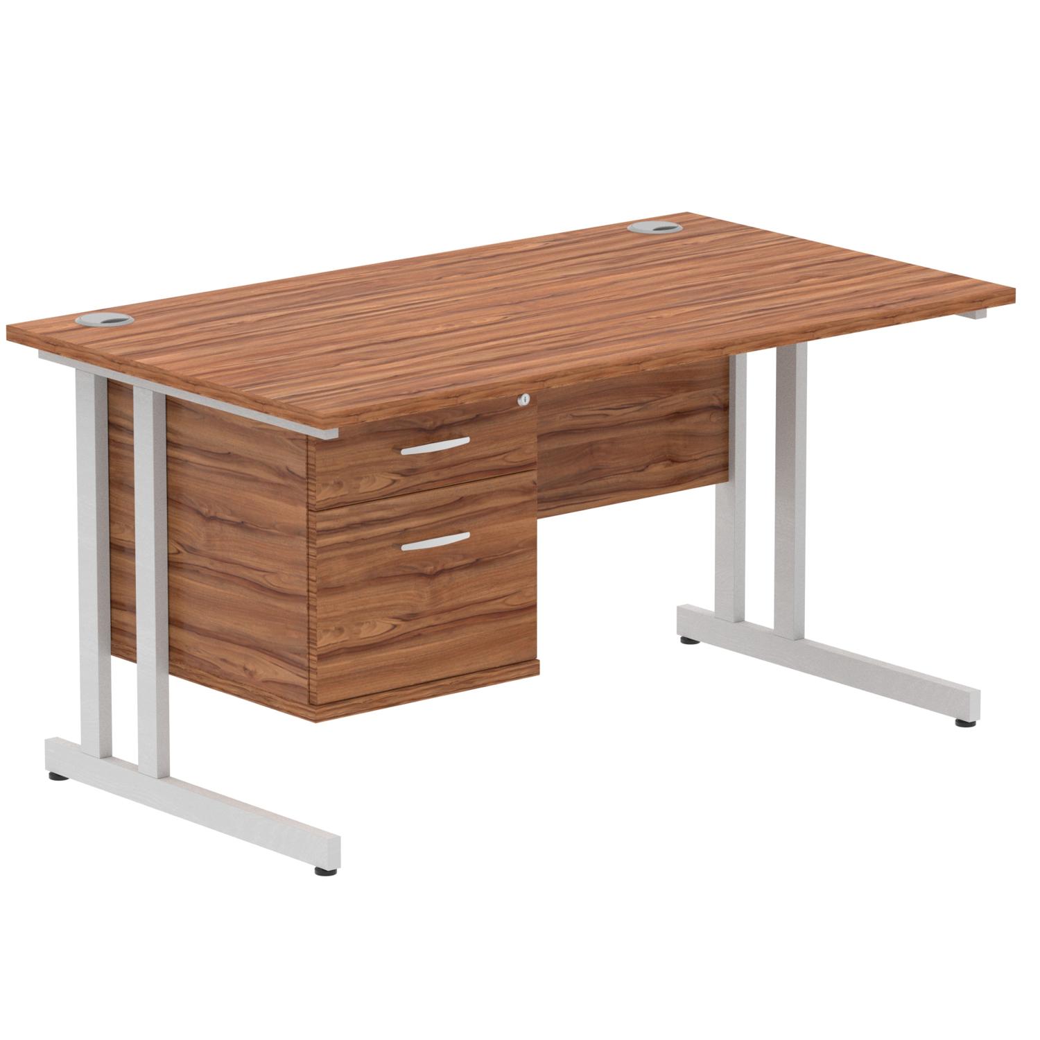 Impulse 1400 x 800mm Straight Office Desk Walnut Top Silver Cantilever Leg Workstation 1 x 2 Drawer Fixed Pedestal