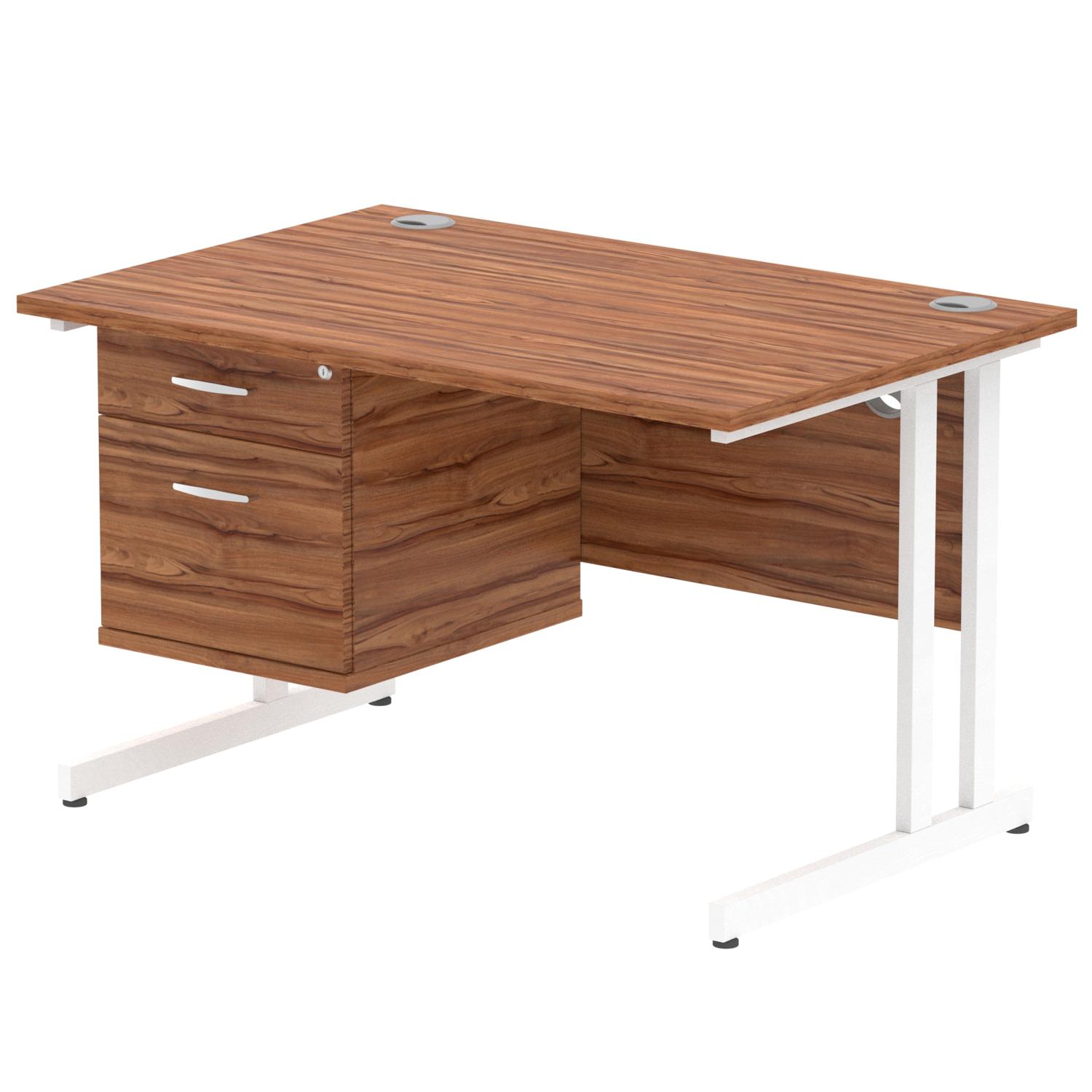 Impulse 1200 x 800mm Straight Office Desk Walnut Top White Cantilever Leg Workstation 1 x 2 Drawer Fixed Pedestal