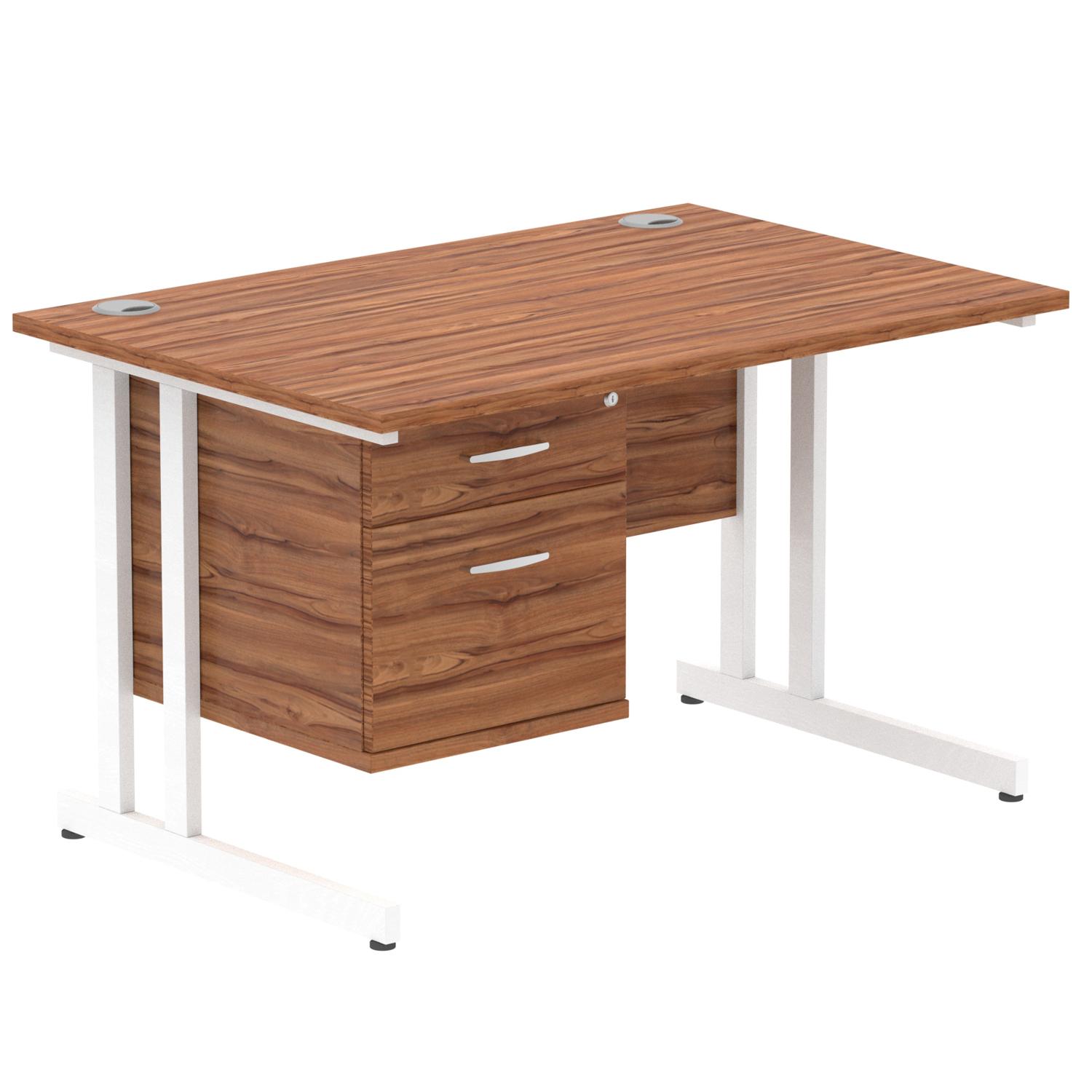 Impulse 1200 x 800mm Straight Office Desk Walnut Top White Cantilever Leg Workstation 1 x 2 Drawer Fixed Pedestal
