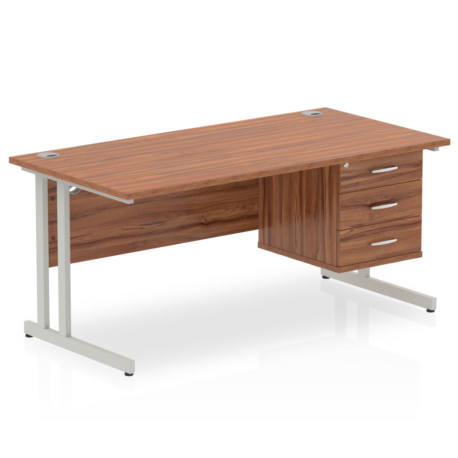Impulse 1600 x 800mm Straight Office Desk Walnut Top Silver Cantilever Leg Workstation 1 x 3 Drawer Fixed Pedestal