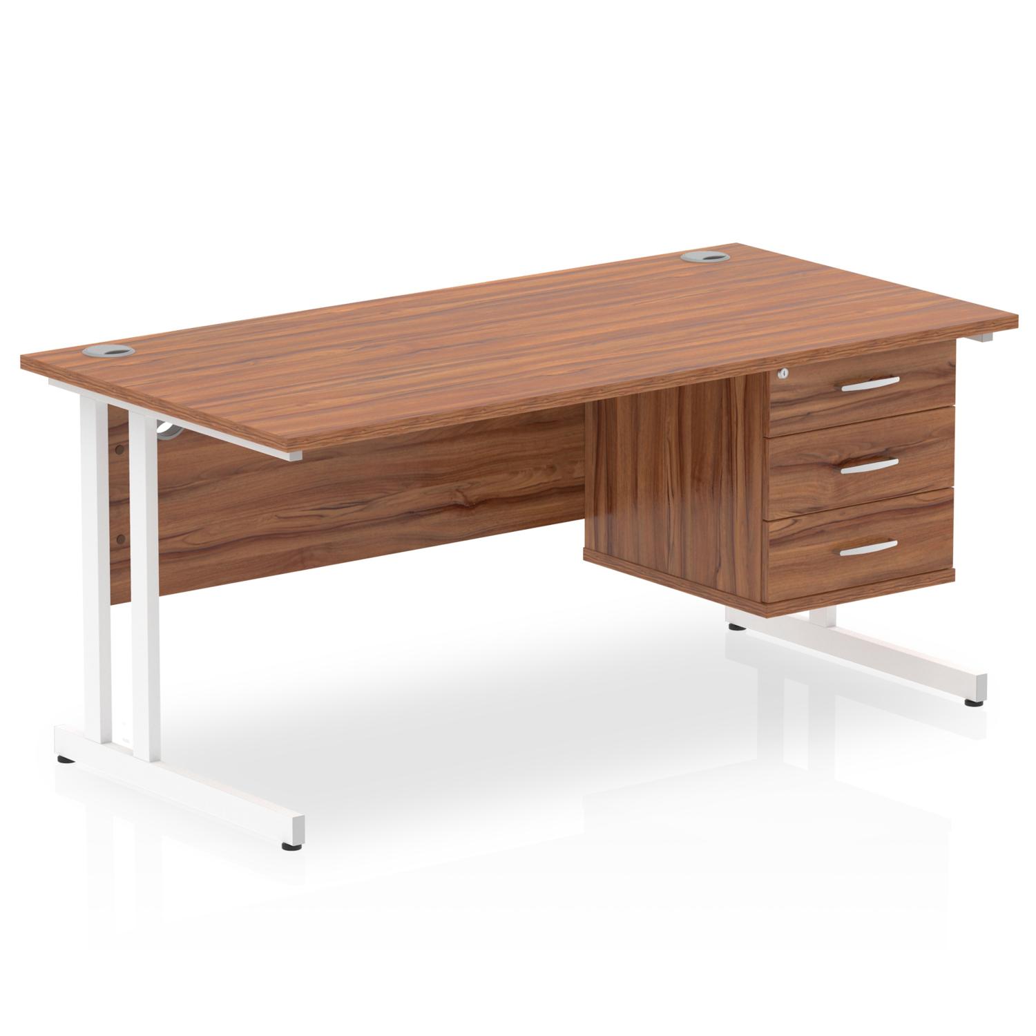 Impulse 1600 x 800mm Straight Office Desk Walnut Top White Cantilever Leg Workstation 1 x 3 Drawer Fixed Pedestal
