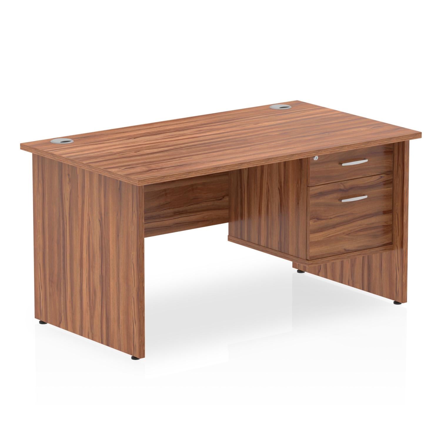 Impulse 1400 x 800mm Straight Office Desk Walnut Top Panel End Leg Workstation 1 x 2 Drawer Fixed Pedestal
