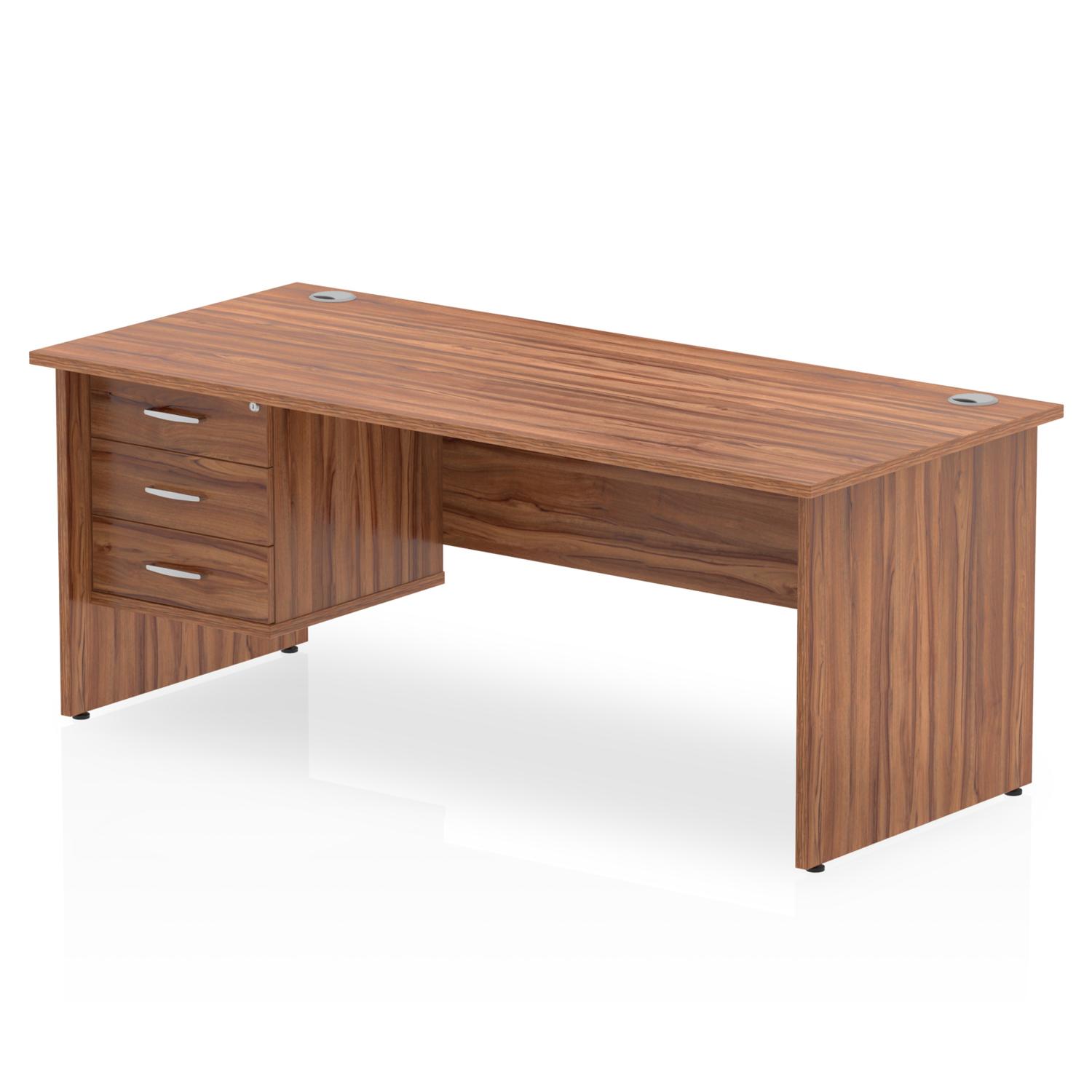 Impulse 1800 x 800mm Straight Office Desk Walnut Top Panel End Leg Workstation 1 x 3 Drawer Fixed Pedestal