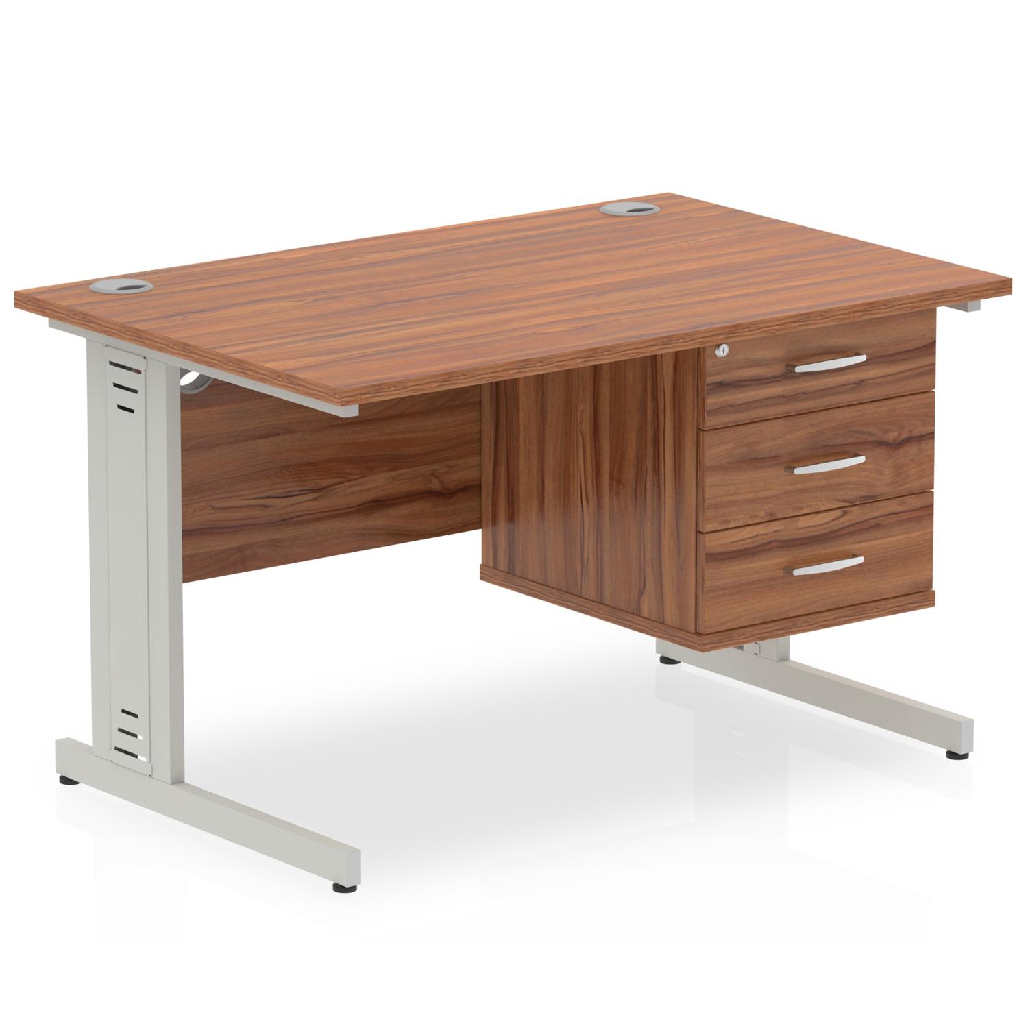 Impulse 1200 x 800mm Straight Office Desk Walnut Top Silver Cable Managed Leg Workstation 1 x 3 Drawer Fixed Pedestal