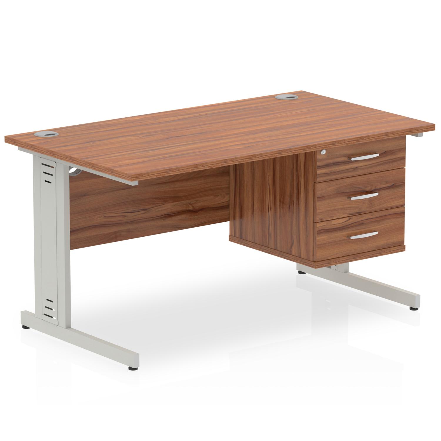Impulse 1400 x 800mm Straight Office Desk Walnut Top Silver Cable Managed Leg Workstation 1 x 3 Drawer Fixed Pedestal