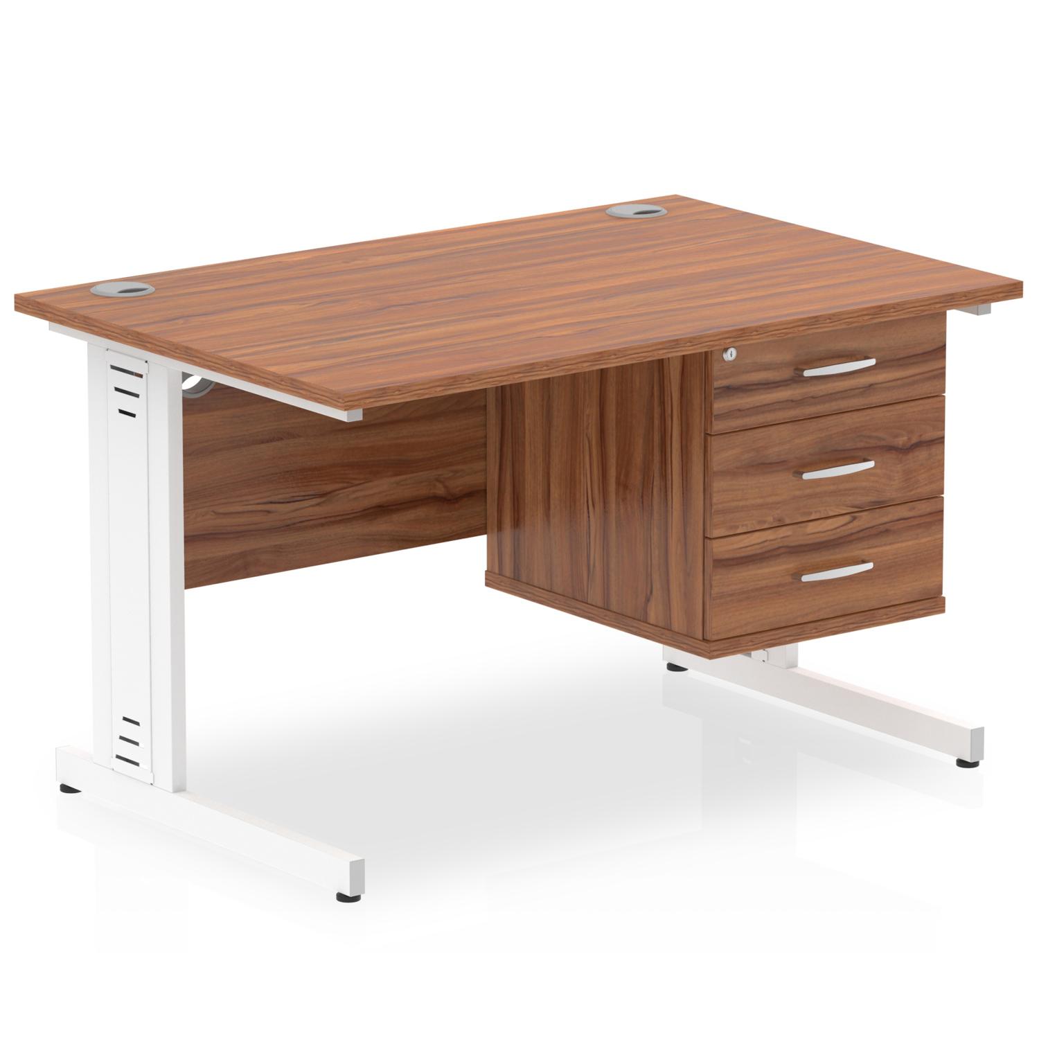 Impulse 1200 x 800mm Straight Office Desk Walnut Top White Cable Managed Leg Workstation 1 x 3 Drawer Fixed Pedestal