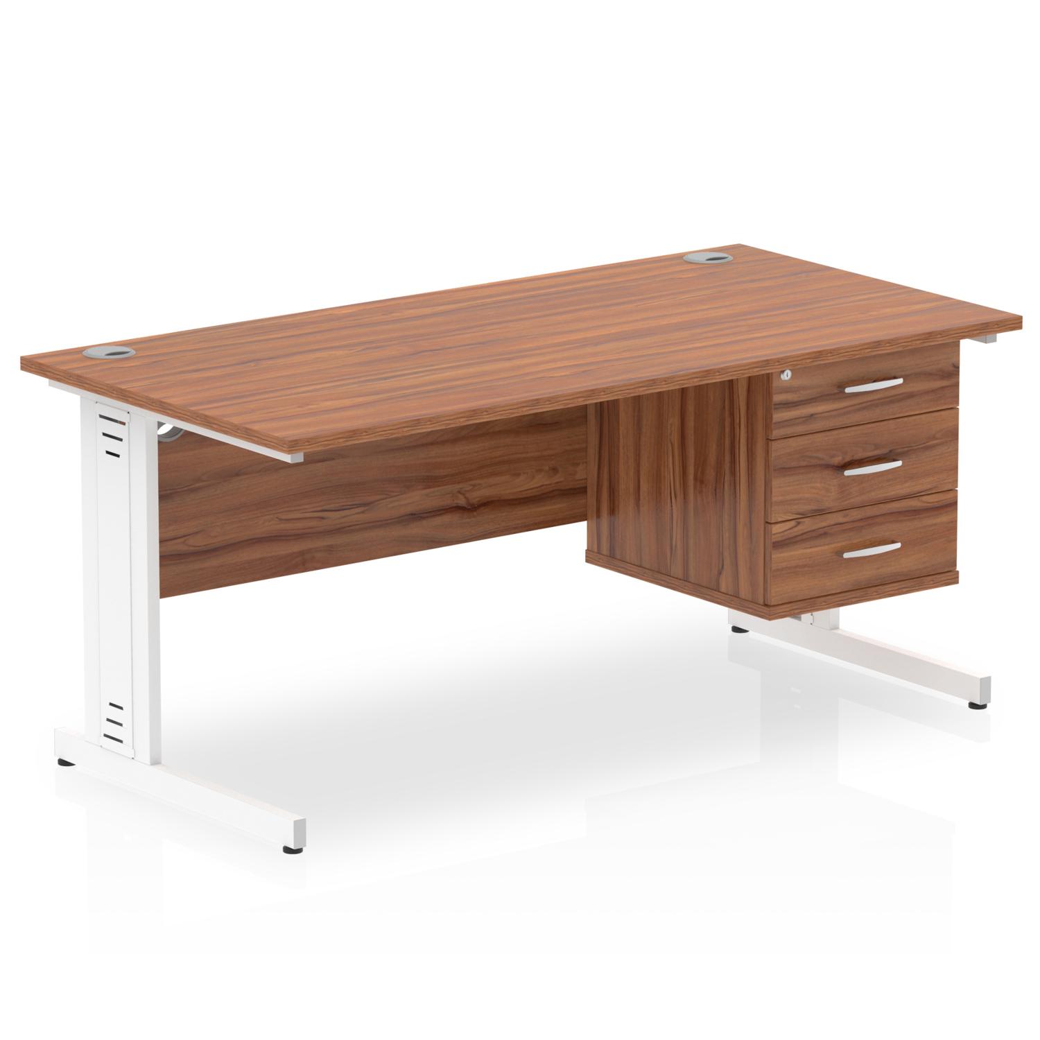 Impulse 1600 x 800mm Straight Office Desk Walnut Top White Cable Managed Leg Workstation 1 x 3 Drawer Fixed Pedestal Impulse 1600 x 800mm Straight Office Desk Walnut Top White Cable Managed Leg Workstation 1 x 3 Drawer Fixed Pedestal