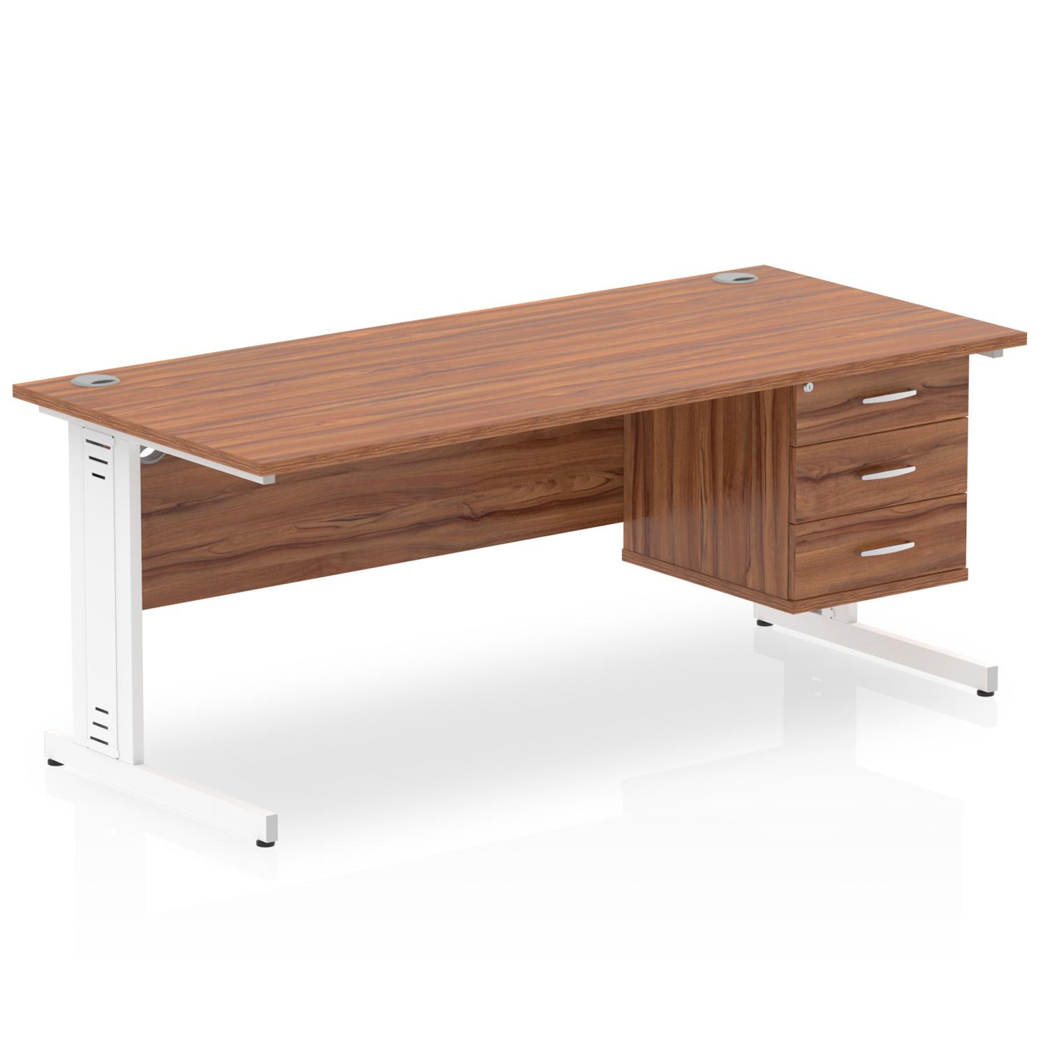 Impulse 1800 x 800mm Straight Office Desk Walnut Top White Cable Managed Leg Workstation 1 x 3 Drawer Fixed Pedestal