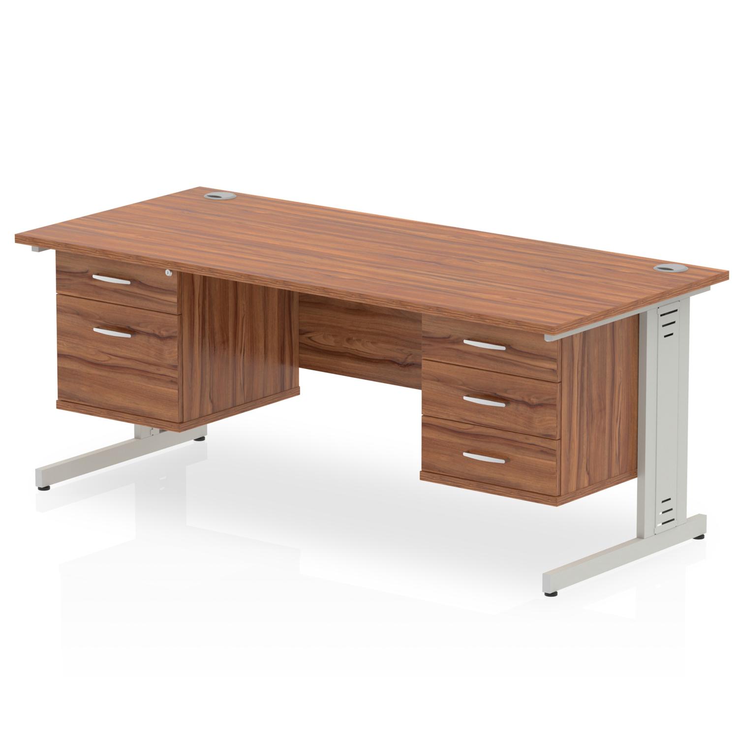 Impulse 1800 x 800mm Straight Office Desk Walnut Top Silver Cable Managed Leg Workstation 1 x 2 Drawer 1 x 3 Drawer Fixed Pedestal