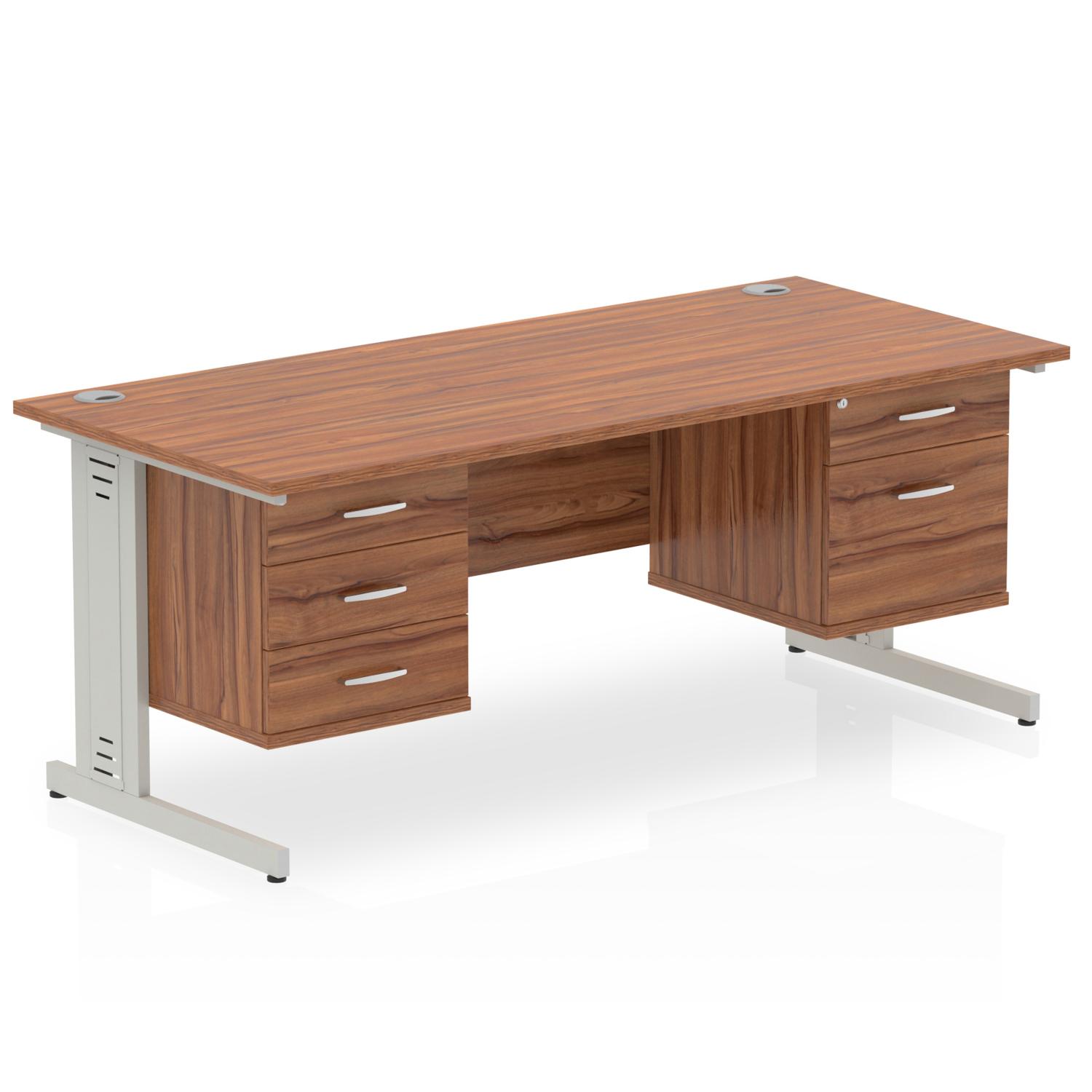Impulse 1800 x 800mm Straight Office Desk Walnut Top Silver Cable Managed Leg Workstation 1 x 2 Drawer 1 x 3 Drawer Fixed Pedestal