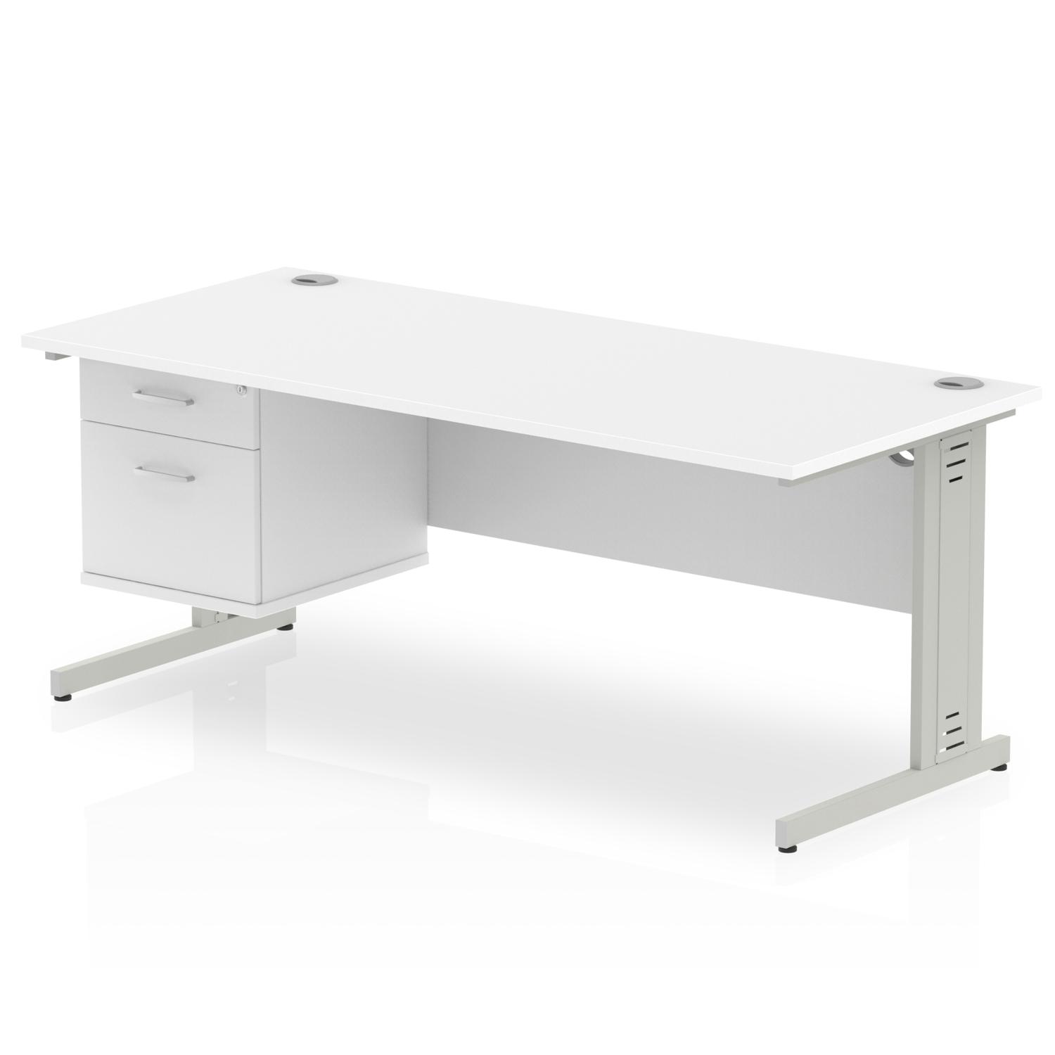 Impulse 1800 x 800mm Straight Office Desk White Top Silver Cable Managed Leg Workstation 1 x 2 Drawer Fixed Pedestal