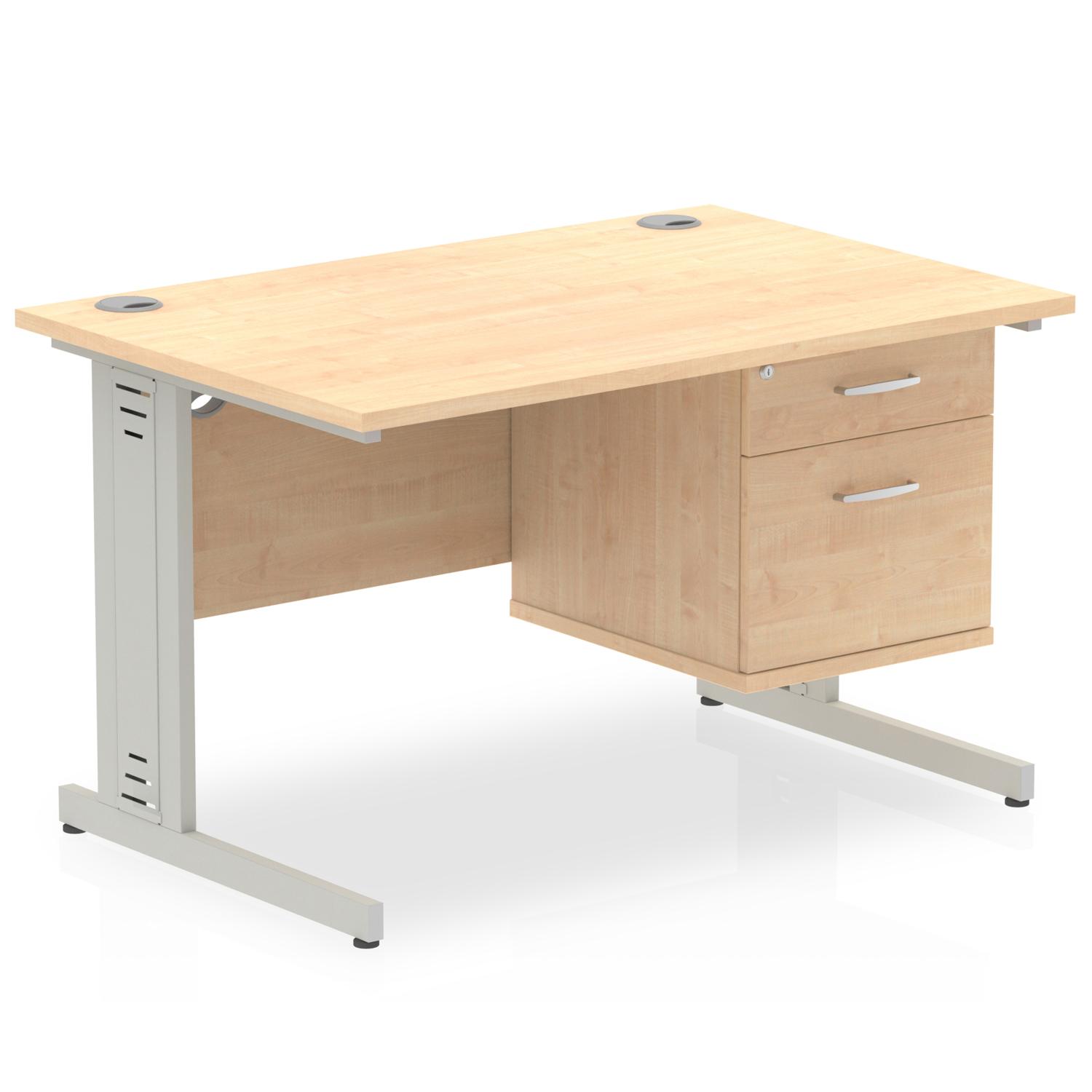 Impulse 1200 x 800mm Straight Office Desk Maple Top Silver Cable Managed Leg Workstation 1 x 2 Drawer Fixed Pedestal