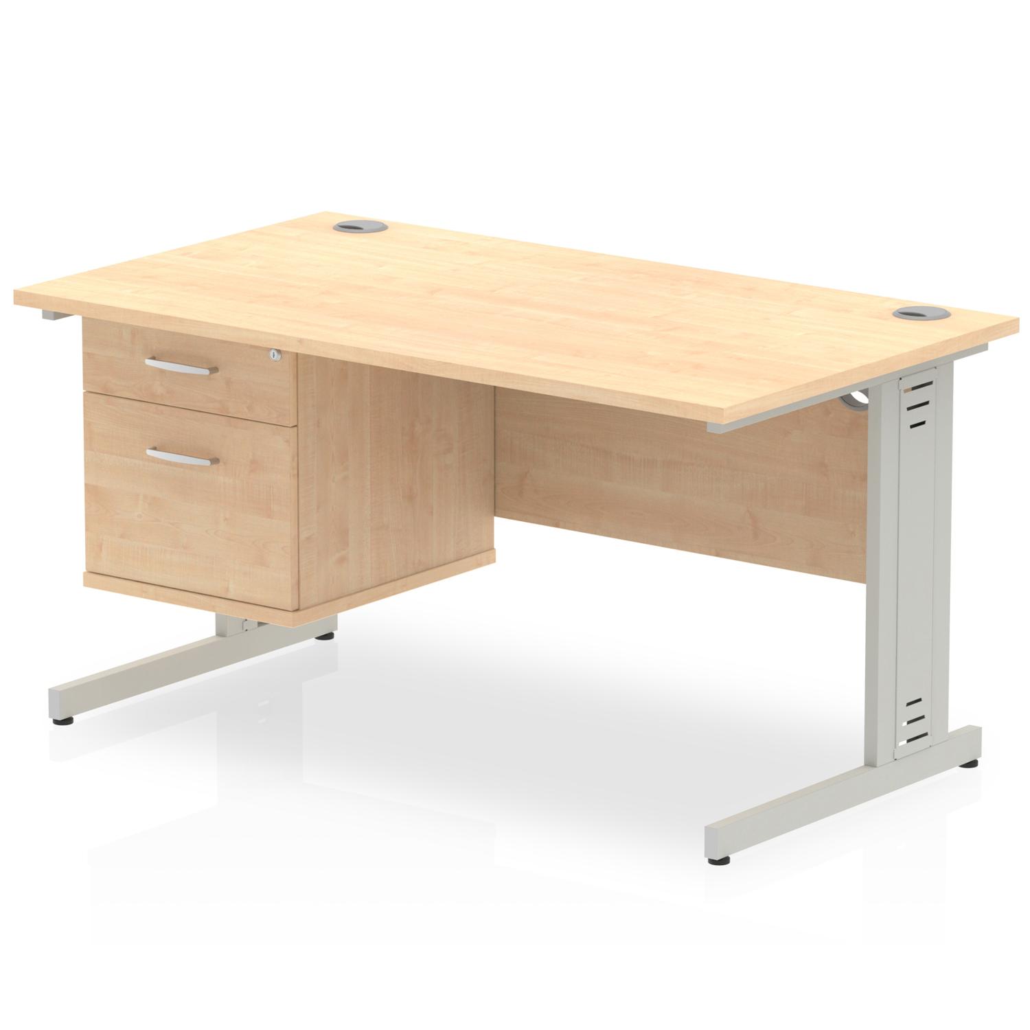 Impulse 1400 x 800mm Straight Office Desk Maple Top Silver Cable Managed Leg Workstation 1 x 2 Drawer Fixed Pedestal