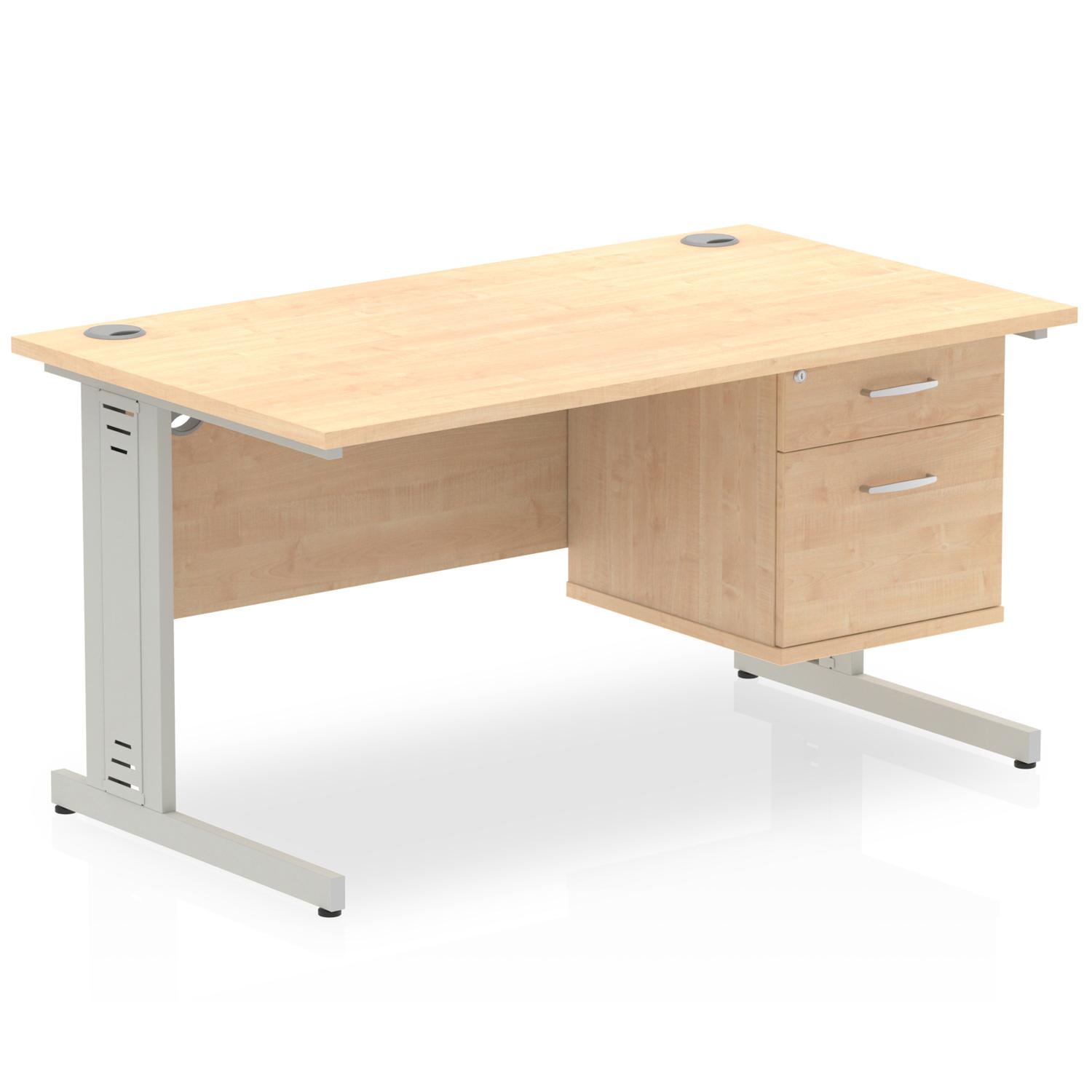 Impulse 1400 x 800mm Straight Office Desk Maple Top Silver Cable Managed Leg Workstation 1 x 2 Drawer Fixed Pedestal