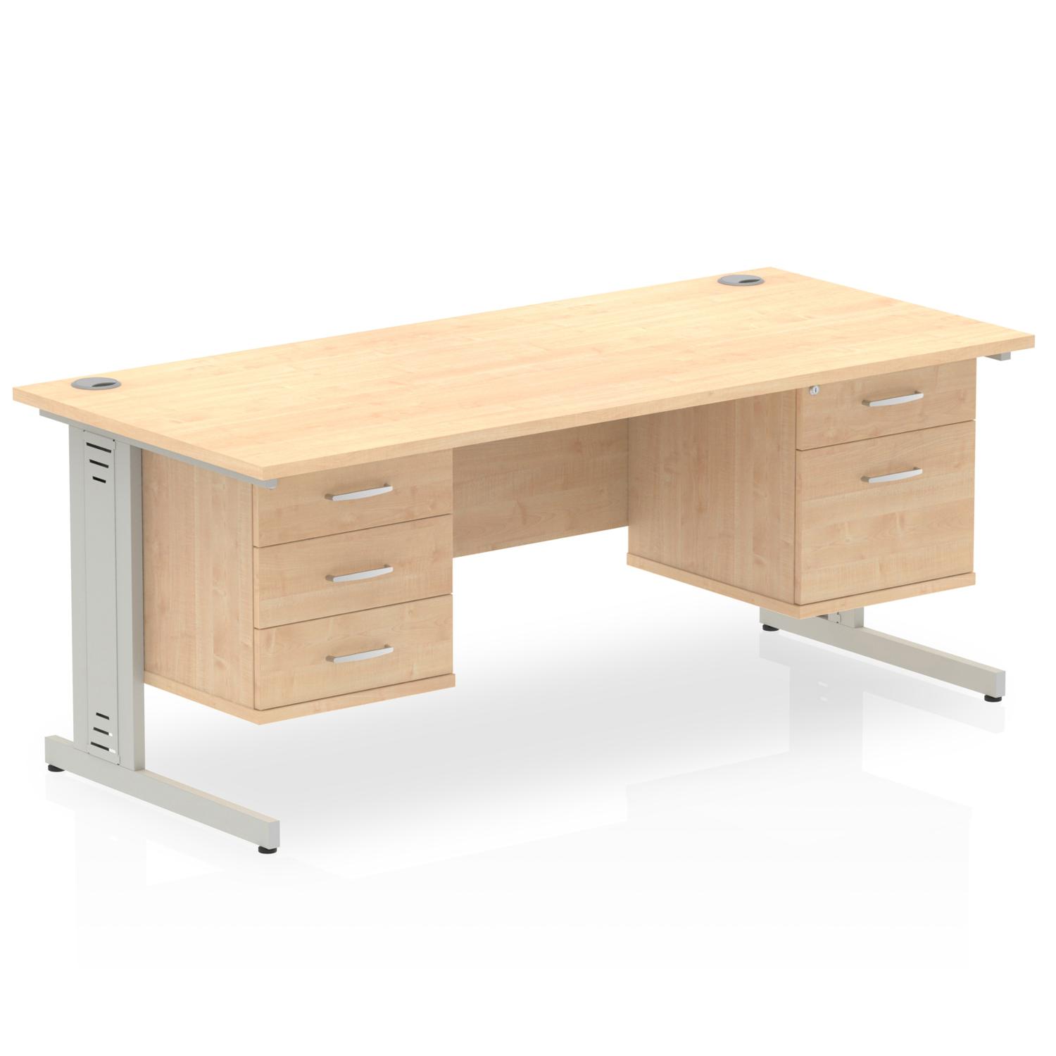 Impulse 1600 x 800mm Straight Office Desk Maple Top Silver Cable Managed Leg Workstation 1 x 2 Drawer 1 x 3 Drawer Fixed Pedestal