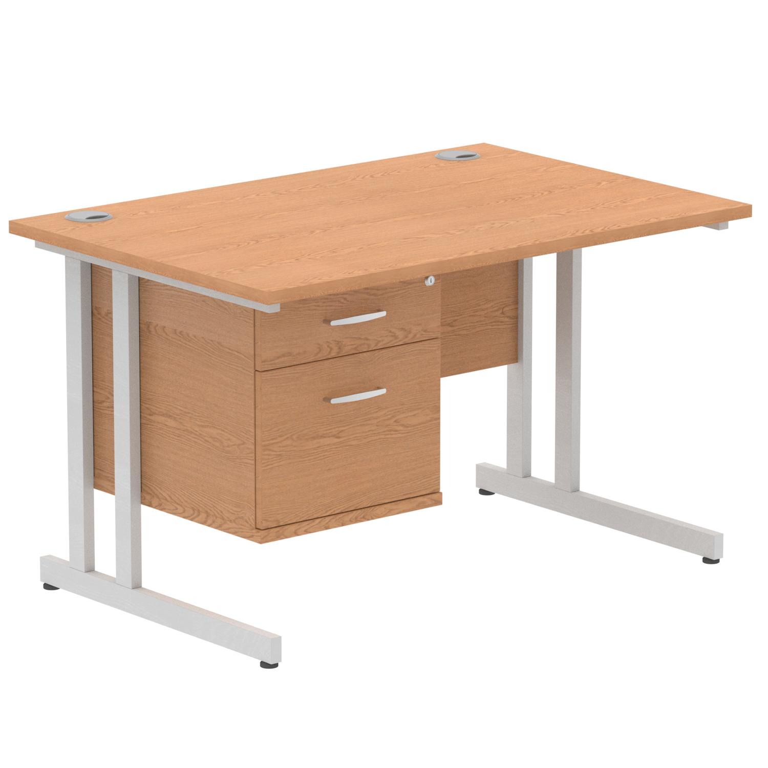 Impulse 1200 x 800mm Straight Office Desk Oak Top Silver Cantilever Leg Workstation 1 x 2 Drawer Fixed Pedestal