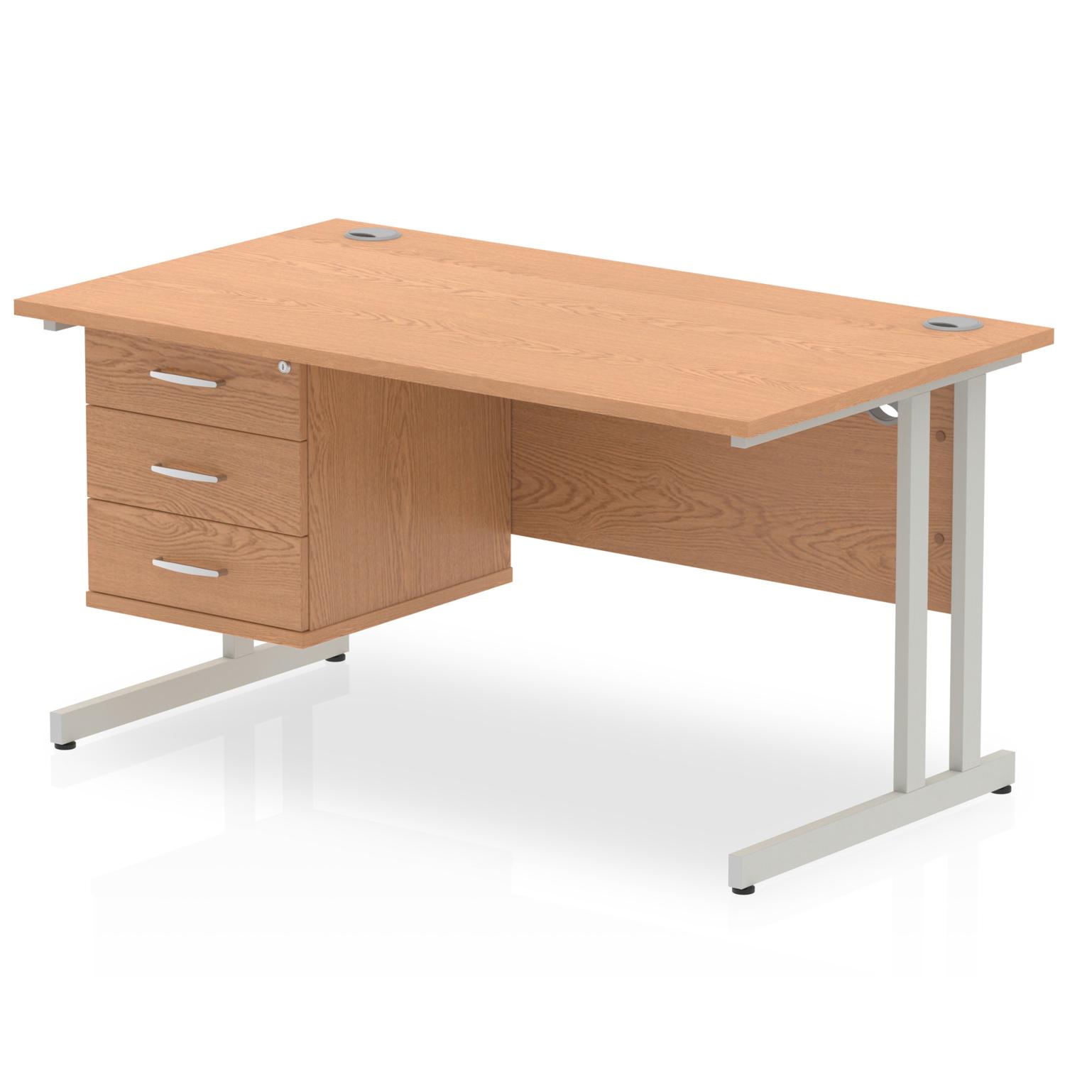Impulse 1400 x 800mm Straight Office Desk Oak Top Silver Cantilever Leg Workstation 1 x 3 Drawer Fixed Pedestal