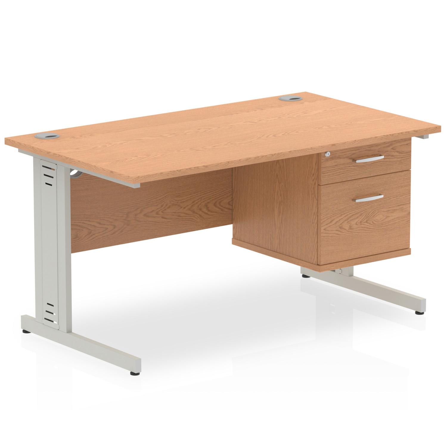 Impulse 1400 x 800mm Straight Office Desk Oak Top Silver Cable Managed Leg Workstation 1 x 2 Drawer Fixed Pedestal