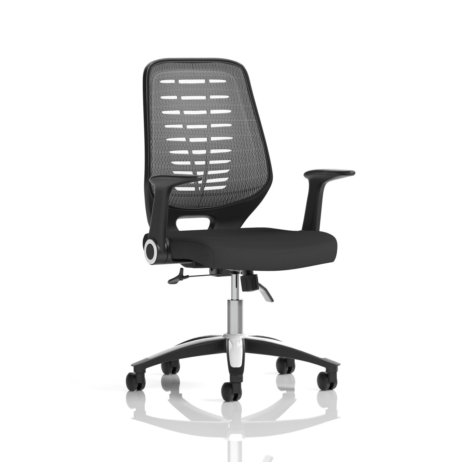 Relay Task Operator Chair Silver Back With Folding Arms Black Airmesh Seat