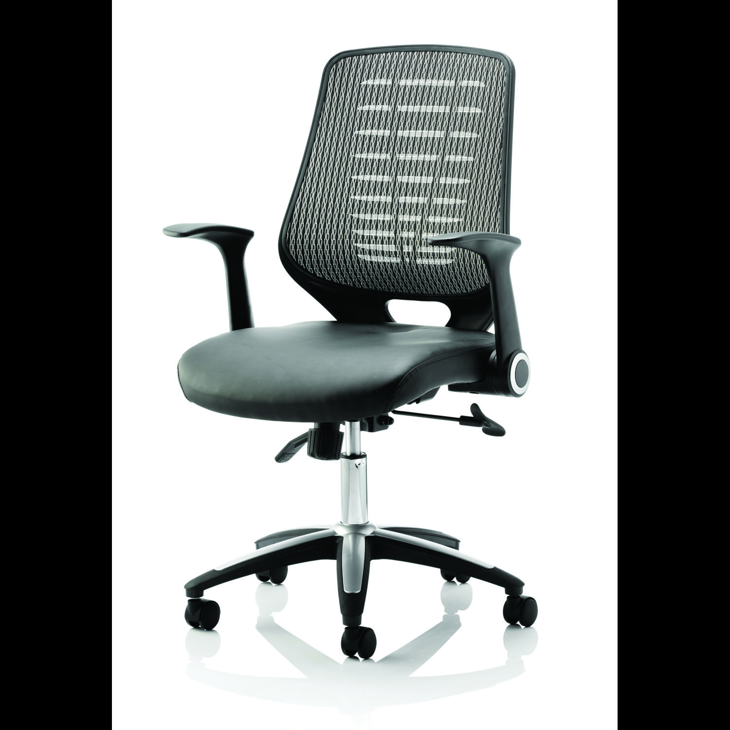 Relay Task Operator Chair Silver Back With Folding Arms Black Leather Seat