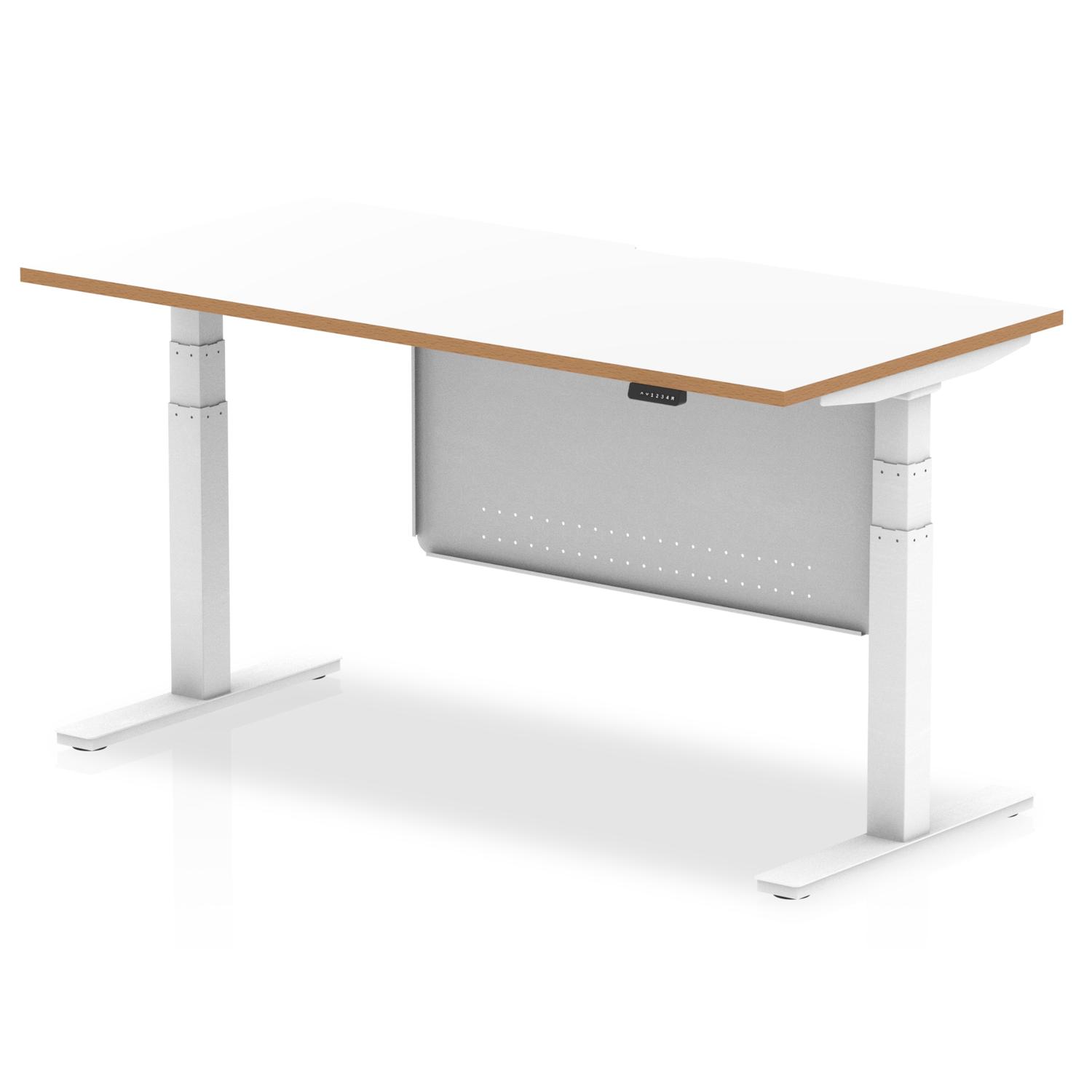 Oslo 1600mm Height Adjustable Office Desk White Top Natural Wood Edge White Frame With White Steel Modesty Panel