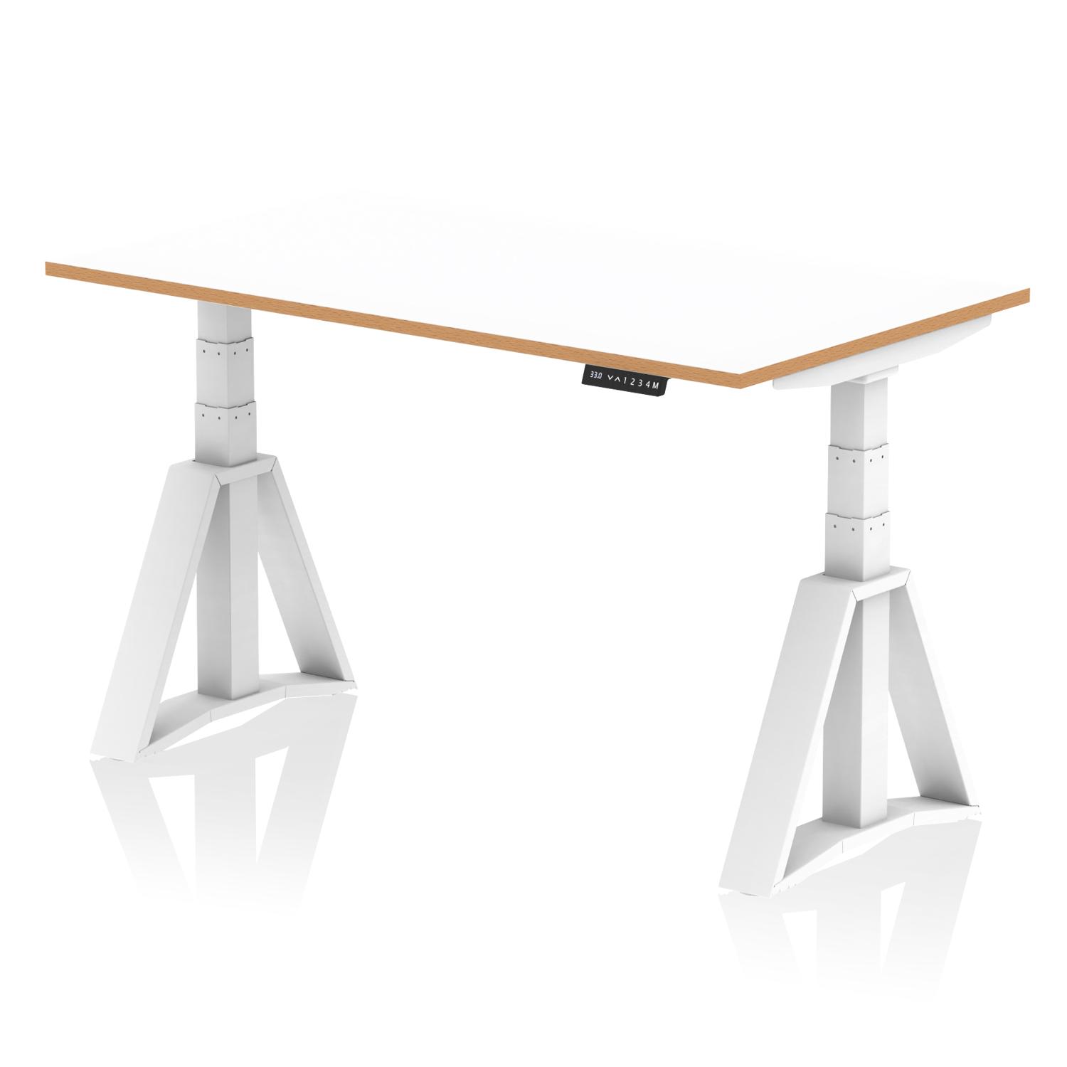 Oslo 1400mm Height Adjustable Office Desk White Top Natural Wood Edge White Frame with Piste Foot
