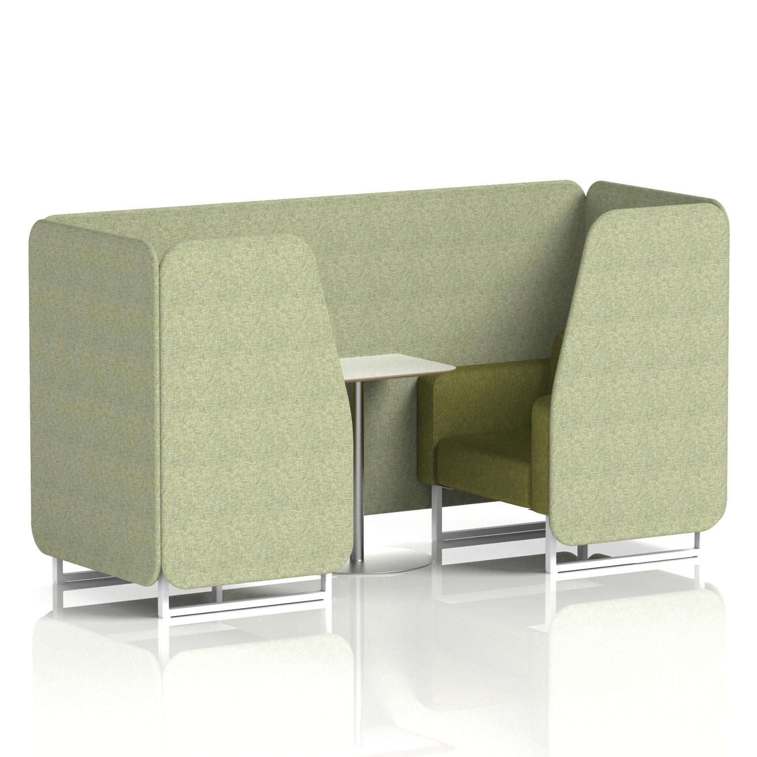 Brixworth 2 Seater Booth With White Legs And White Table With Silver Leg In Rivet Fabric - Burnish Panels And Olive Sofa