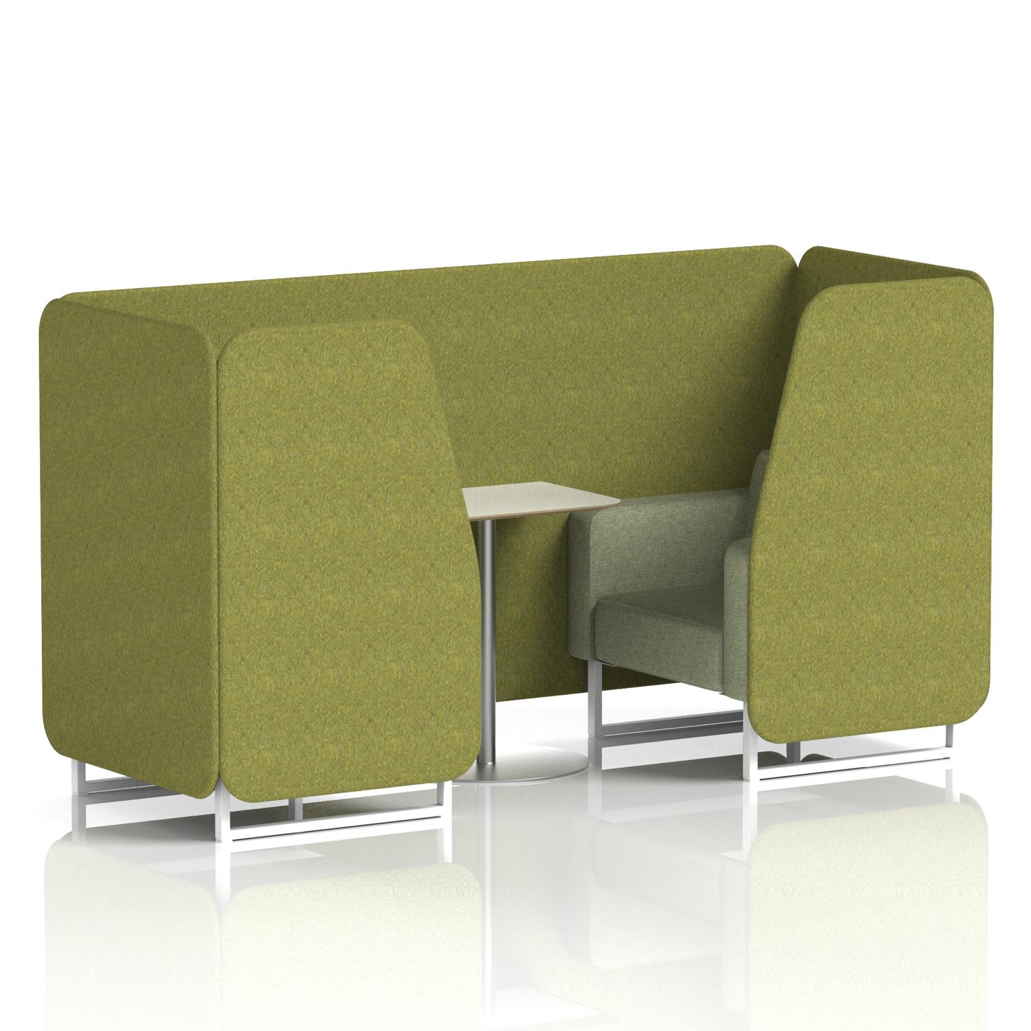 Brixworth 2 Seater Booth With White Legs And White Table With Silver Leg In Rivet Fabric - Olive Panels And Burnish Sofa