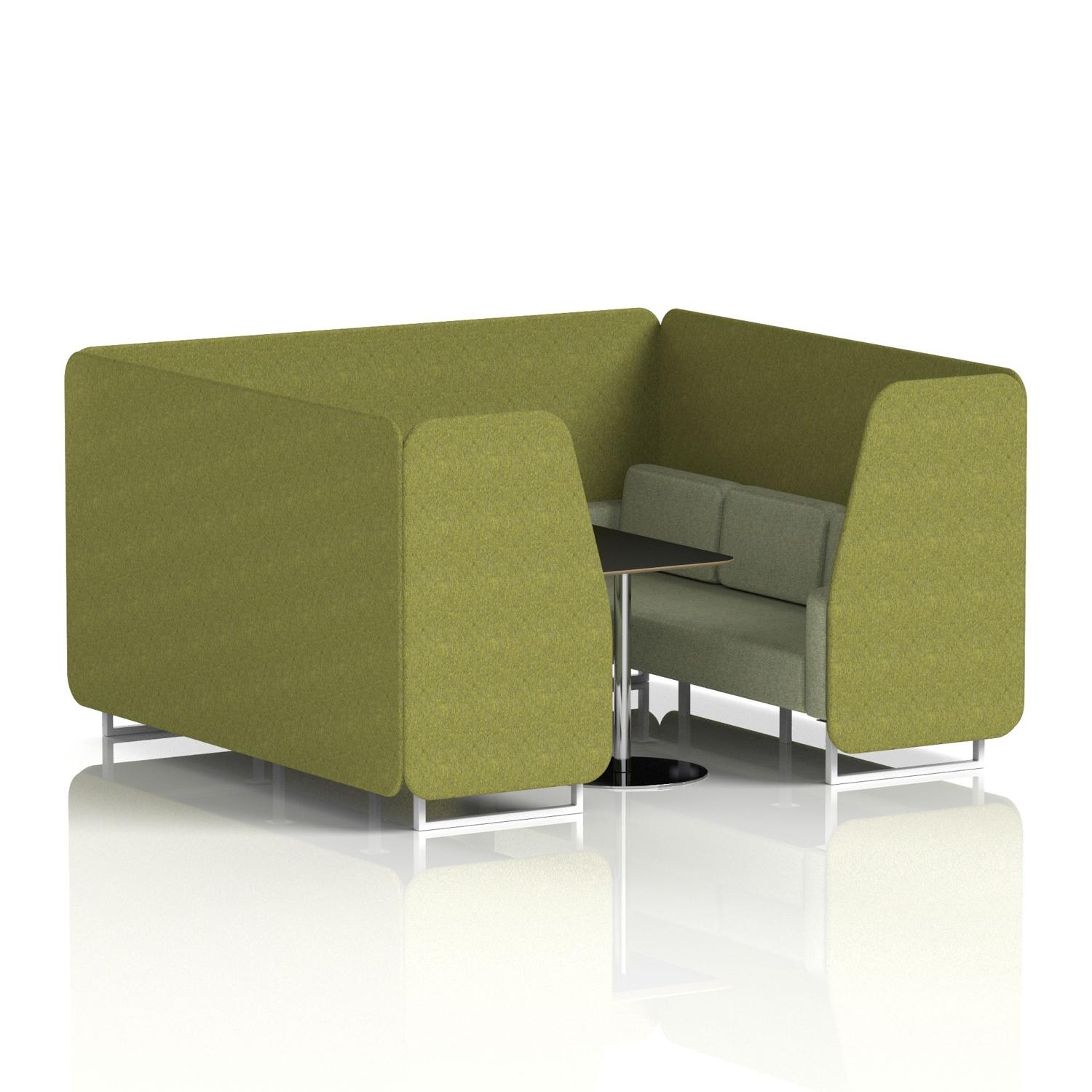 Brixworth 6 Seater Booth With White Legs And Black Table With Silver Leg In Rivet Fabric - Olive Panels And Burnish Sofa