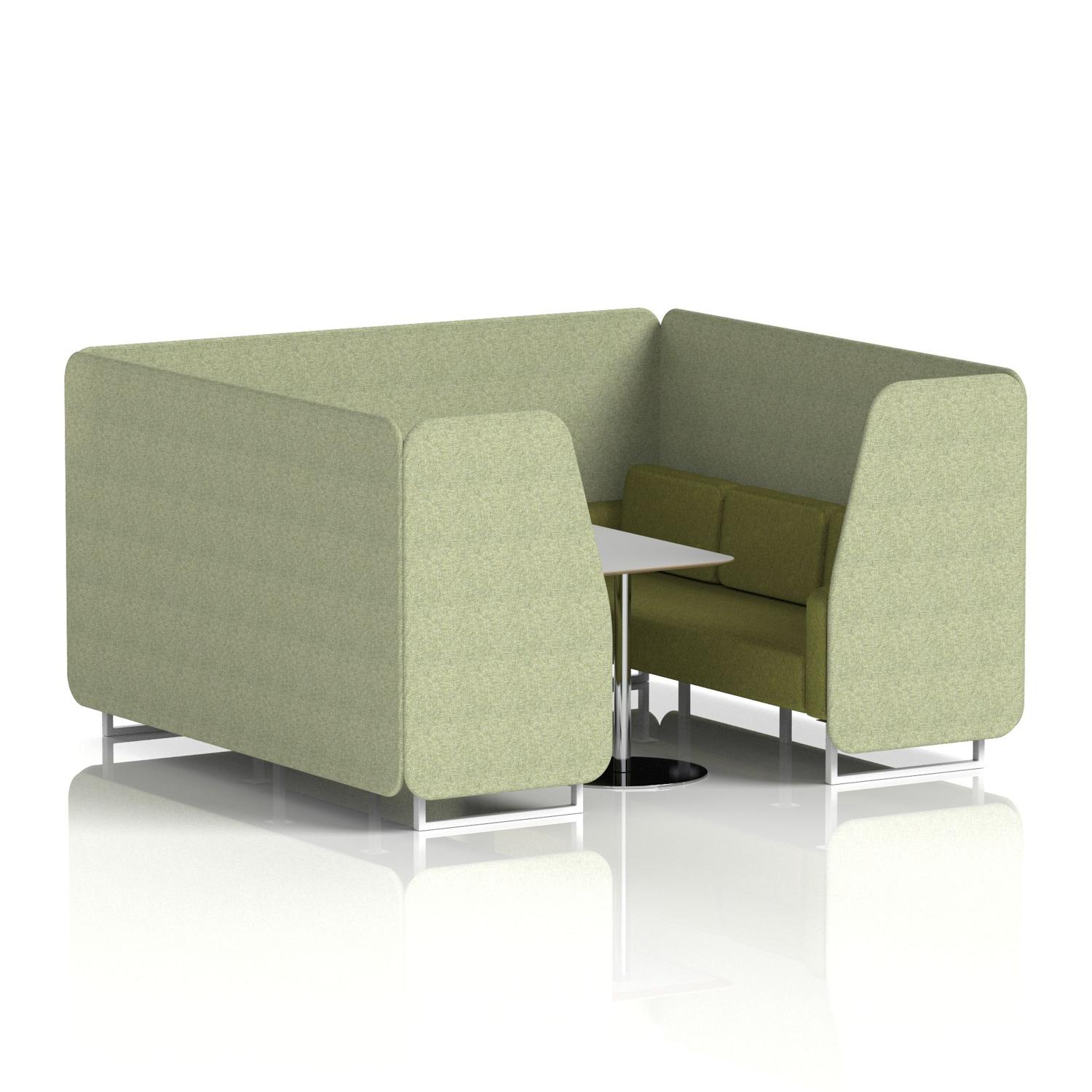 Brixworth 6 Seater Booth With White Legs And Grey Table With Silver Leg In Rivet Fabric - Burnish Panels And Olive Sofa