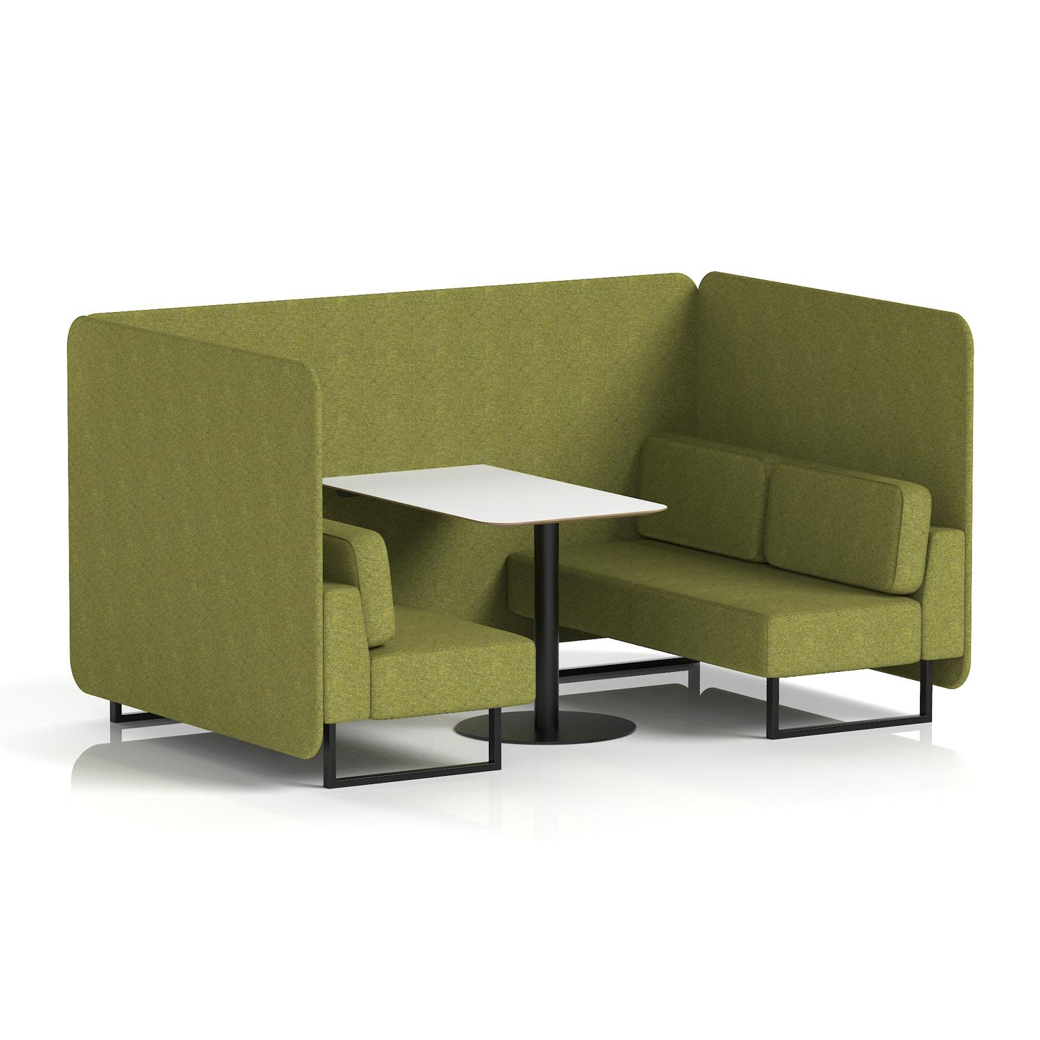 Brixworth 4 Seater Bench Booth With Black Legs And White Table With Black Leg In Rivet Fabric - Olive Panels And Sofa