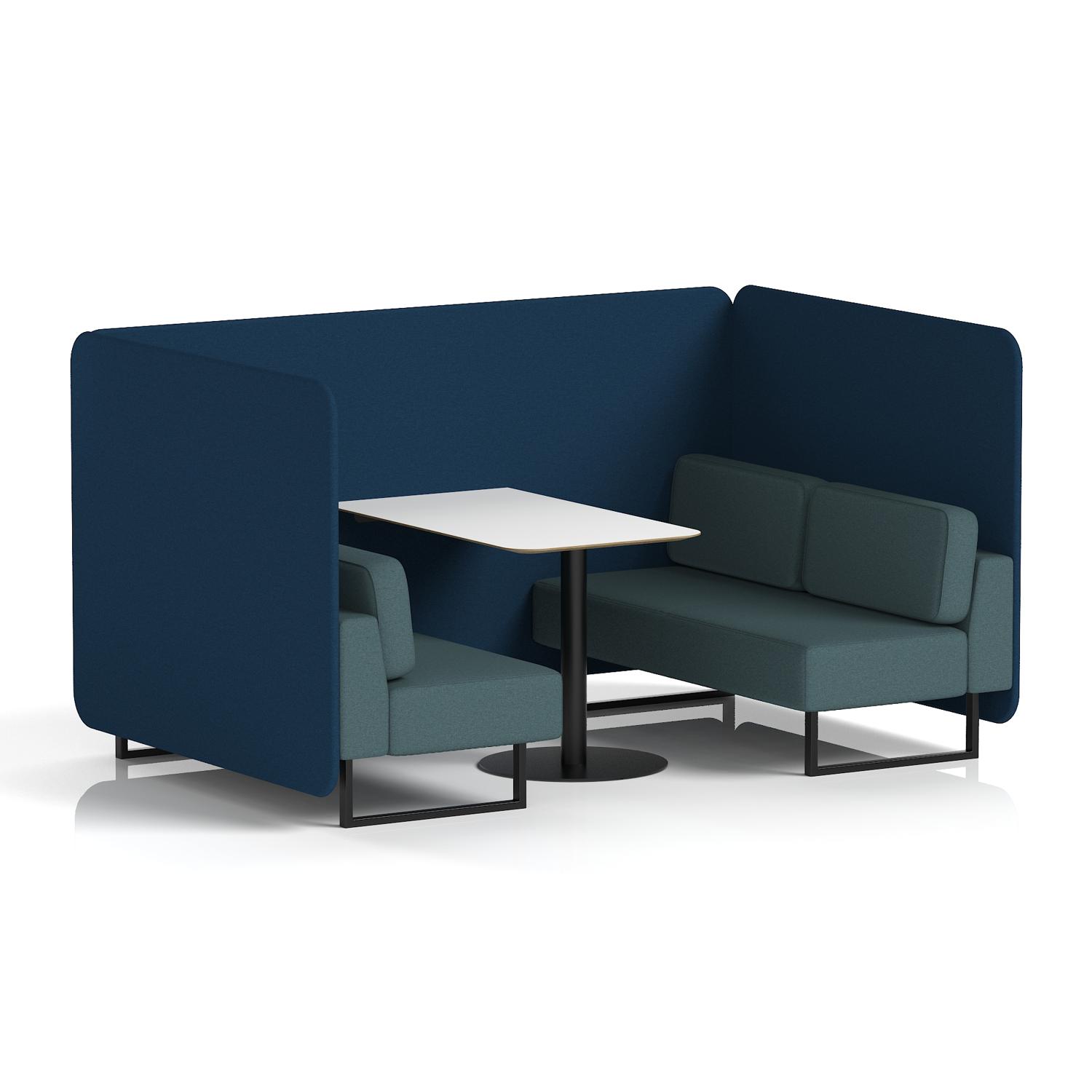Brixworth 4 Seater Bench Booth With Black Legs And White Table With Black Leg In X2 Fabric - Calculus Panels And Polygon Sofa