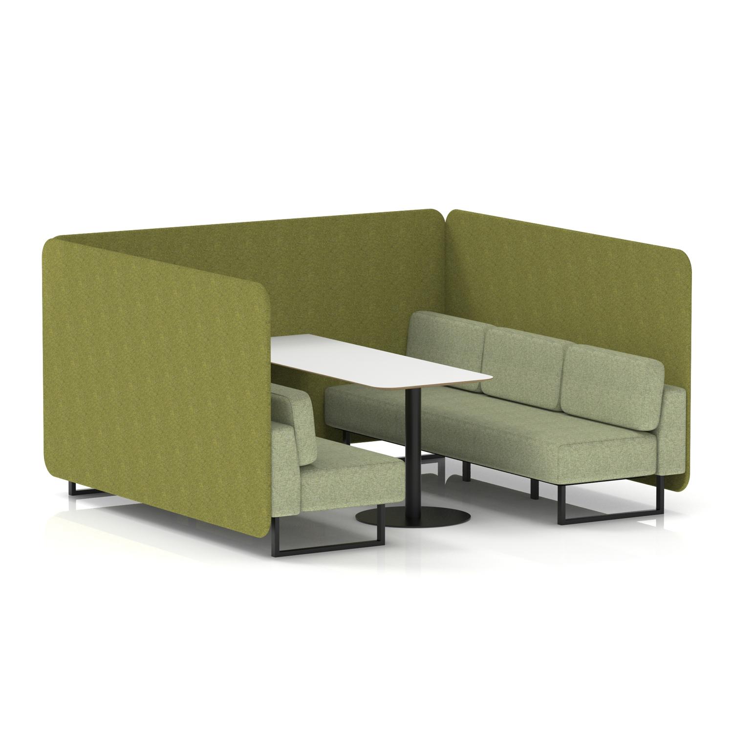 Brixworth 6 Seater Bench Booth With Black Legs And White Table With Black Leg In Rivet Fabric - Olive Panels And Burnish Sofa
