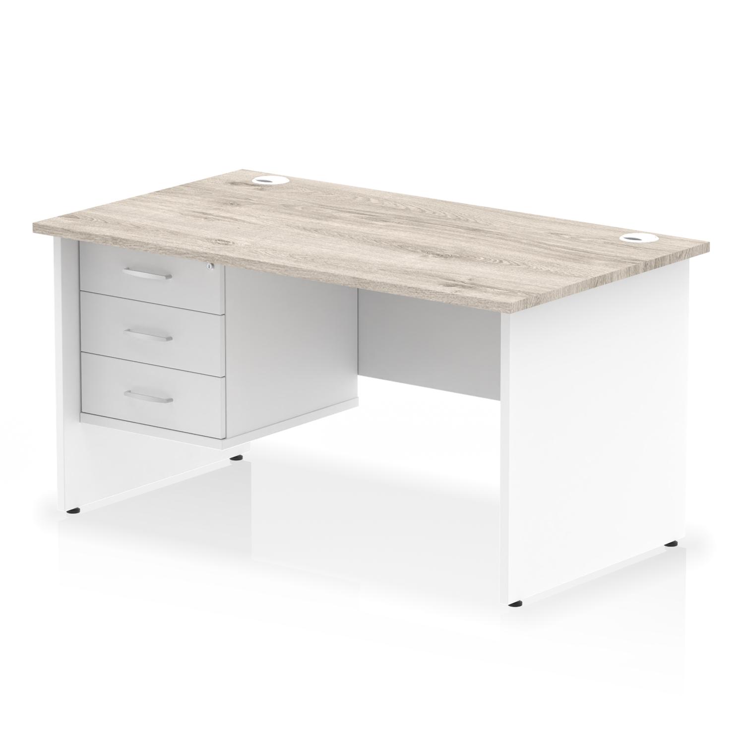 Impulse 1400 x 800mm Straight Office Desk Grey Oak Top White Panel End Leg with 1 x 3 Drawer Fixed Pedestal