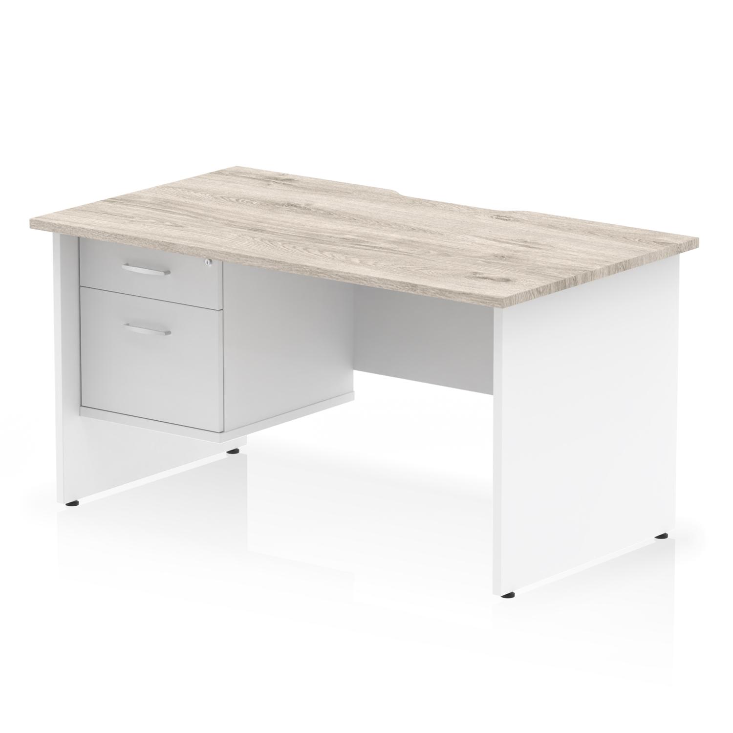 Impulse 1400 x 800mm Scalloped Edge Straight Office Desk Grey Oak Top White Panel End Leg Workstation 1 x 2 Drawer Fixed Pedestal