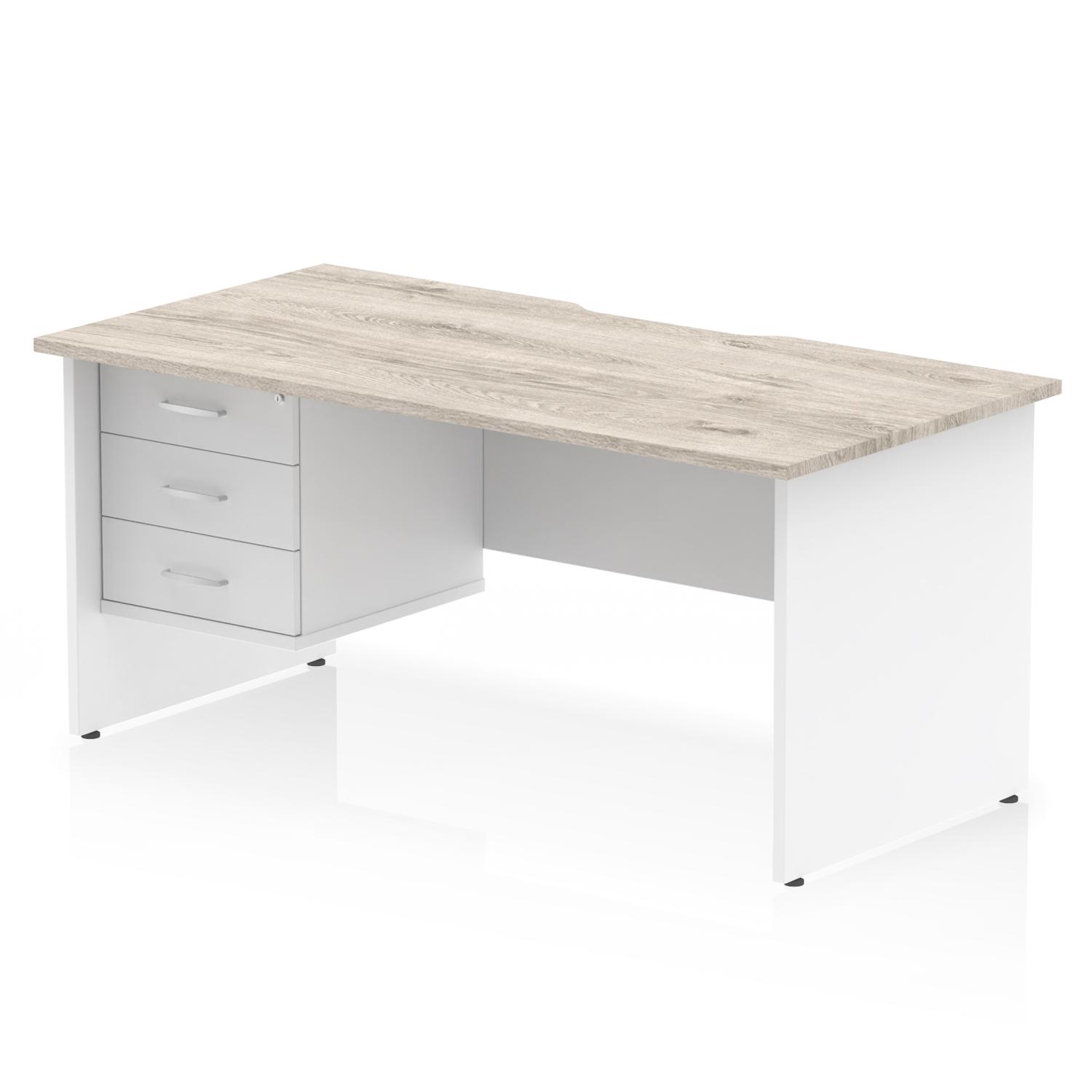 Impulse 1600 x 800mm Scalloped Edge Straight Office Desk Grey Oak Top White Panel End Leg Workstation 1 x 3 Drawer Fixed Pedestal