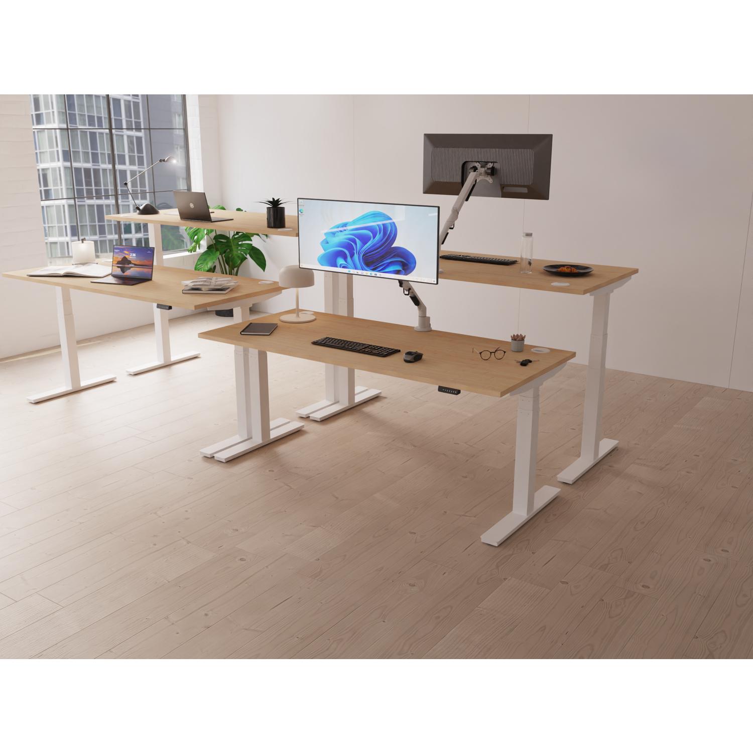 Air 1600 x 800mm Height Adjustable Office Desk Maple Top Cable Ports Silver Leg