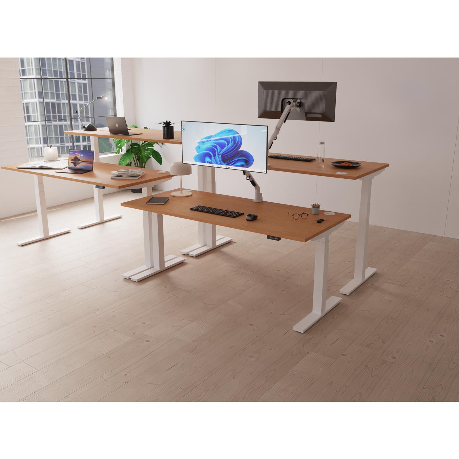 Air 1600 x 800mm Height Adjustable Office Desk Maple Top Cable Ports Silver Leg
