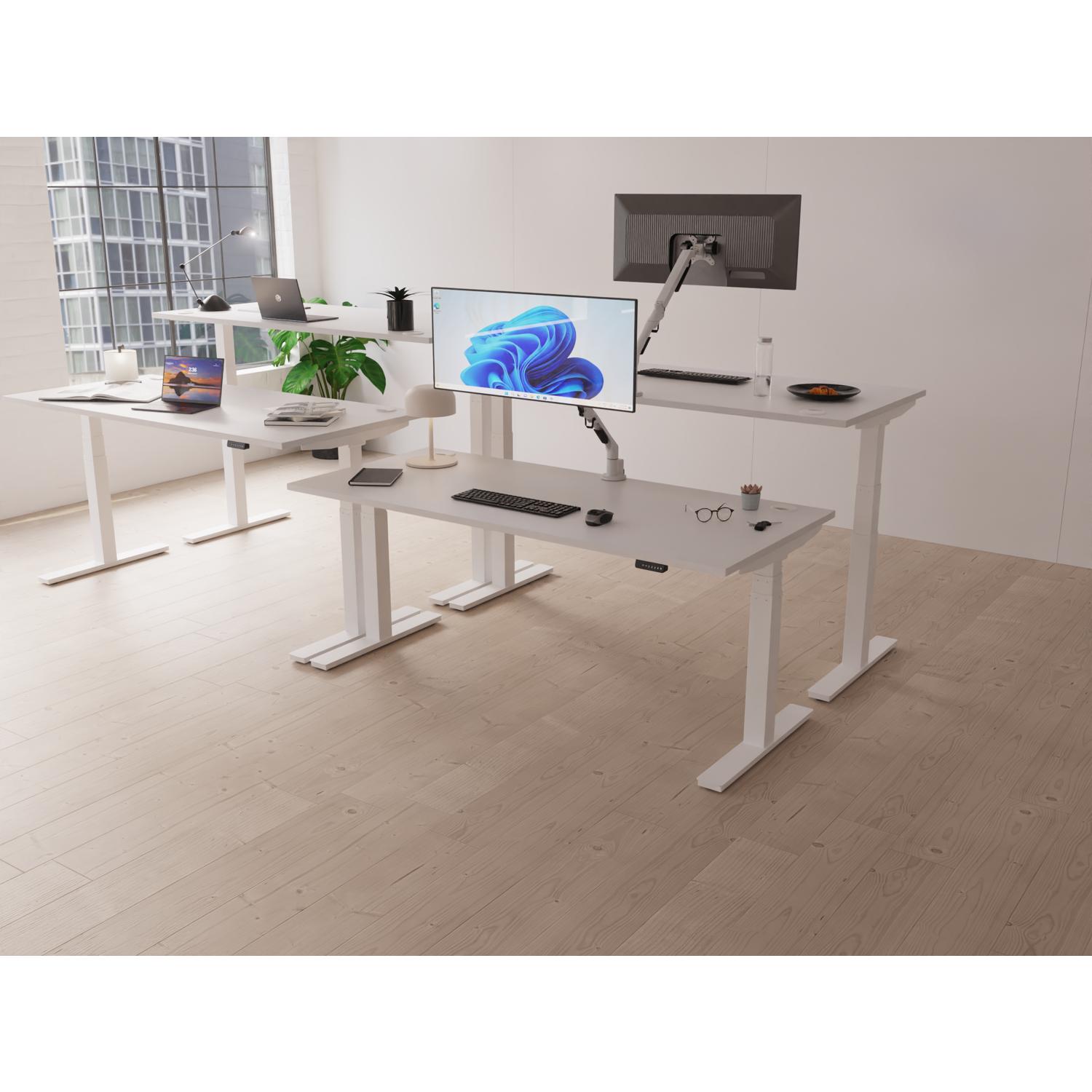 Air 1600 x 800mm Height Adjustable Office Desk Maple Top Cable Ports Silver Leg