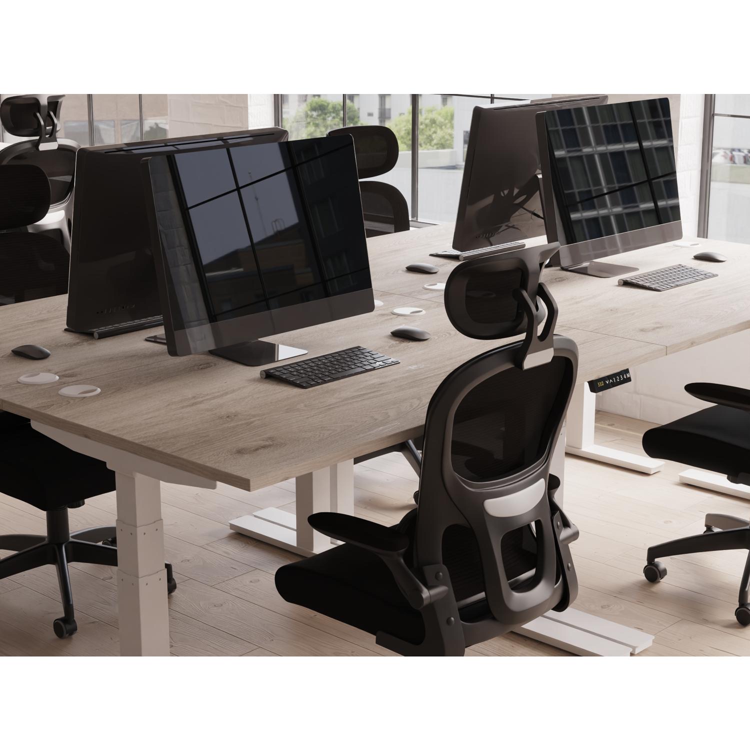 Air 1600 x 800mm Height Adjustable Office Desk Maple Top Cable Ports Silver Leg